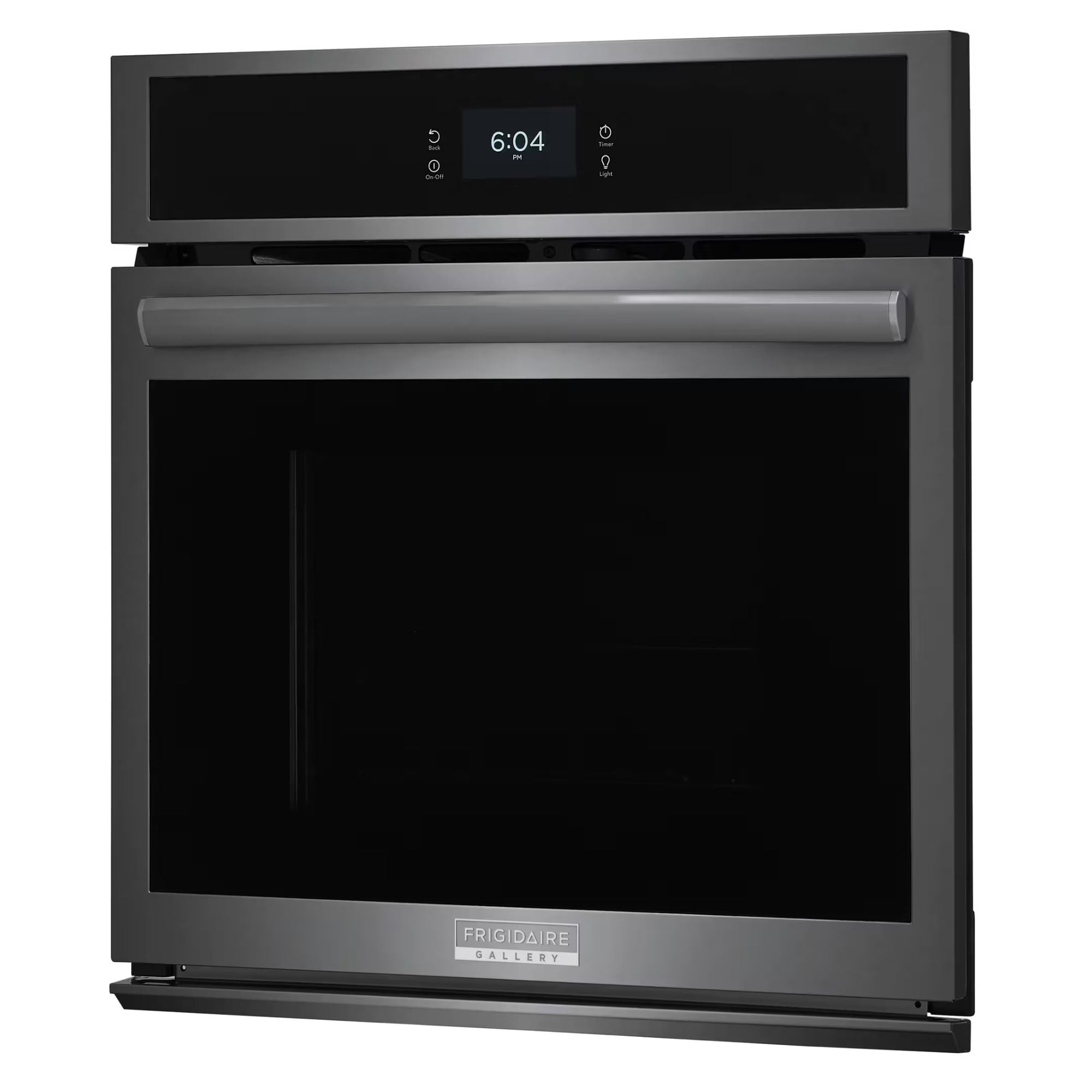 Frigidaire Gallery 27-inch black stainless steel single electric wall oven with convection cooking, modern kitchen appliance.