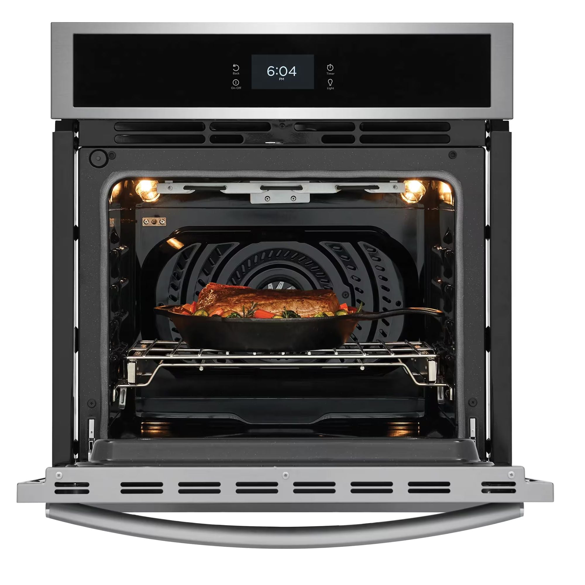 Frigidaire Gallery 27-inch stainless steel single electric wall oven with total convection cooking, shown in a modern kitchen setting.