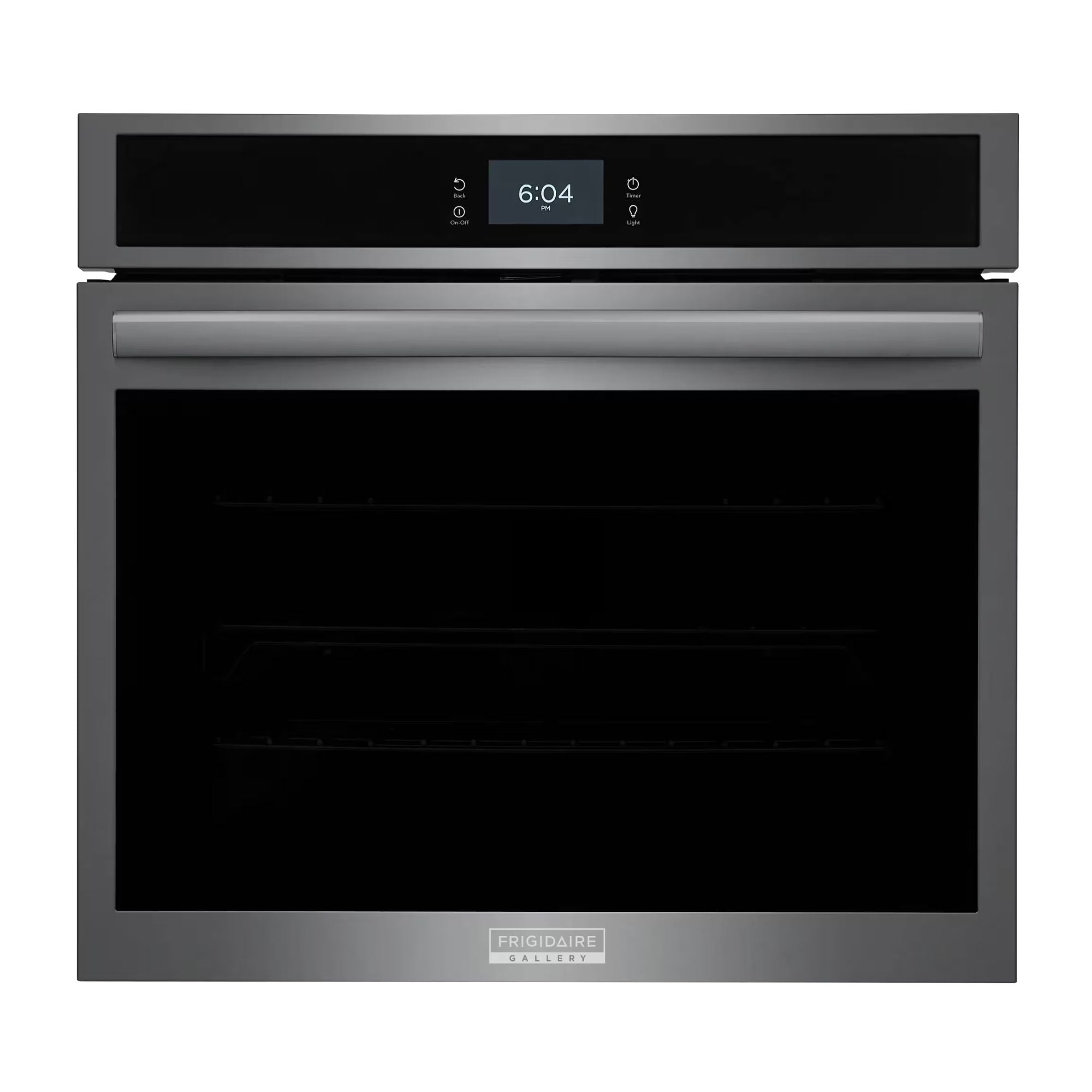 Frigidaire Gallery 30-inch black stainless steel single electric wall oven with total convection cooking.