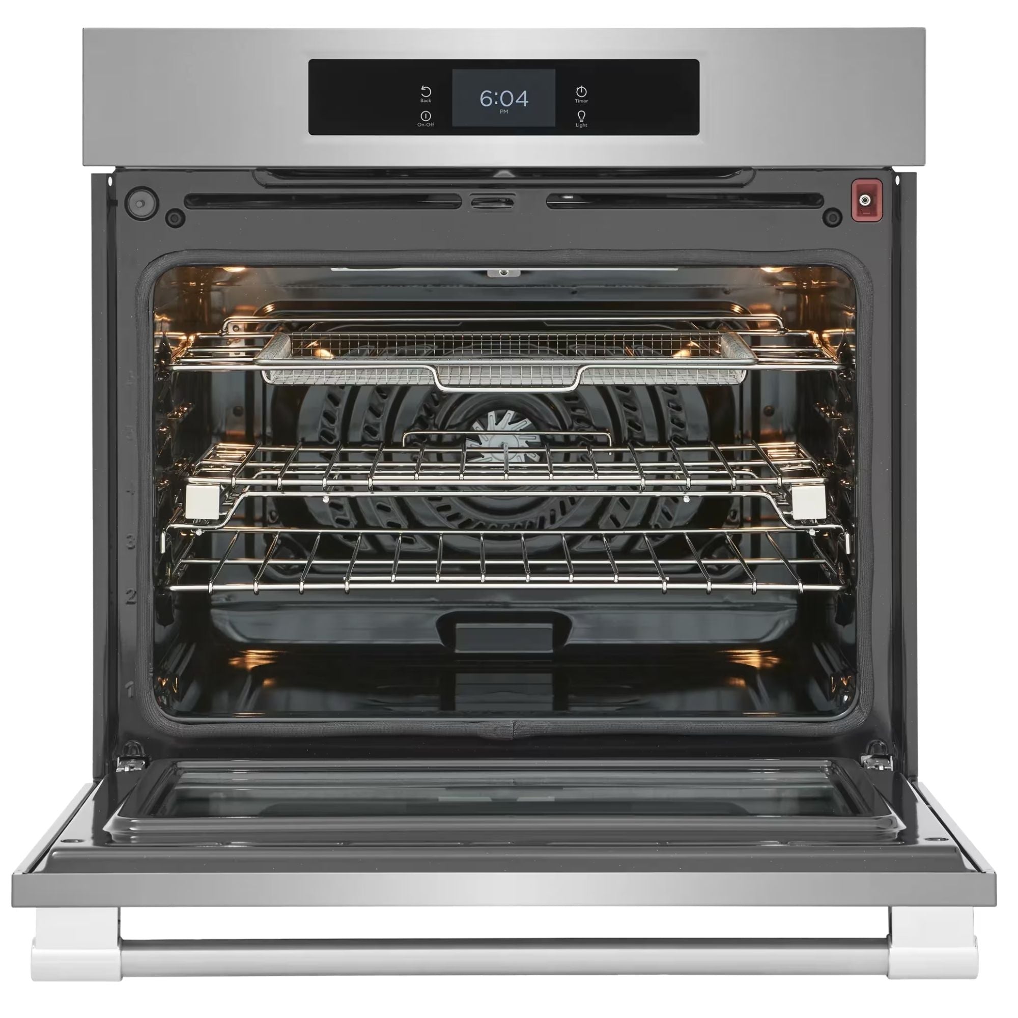 Frigidaire Gallery 30-inch stainless steel single electric wall oven with total convection cooking, sleek modern design.