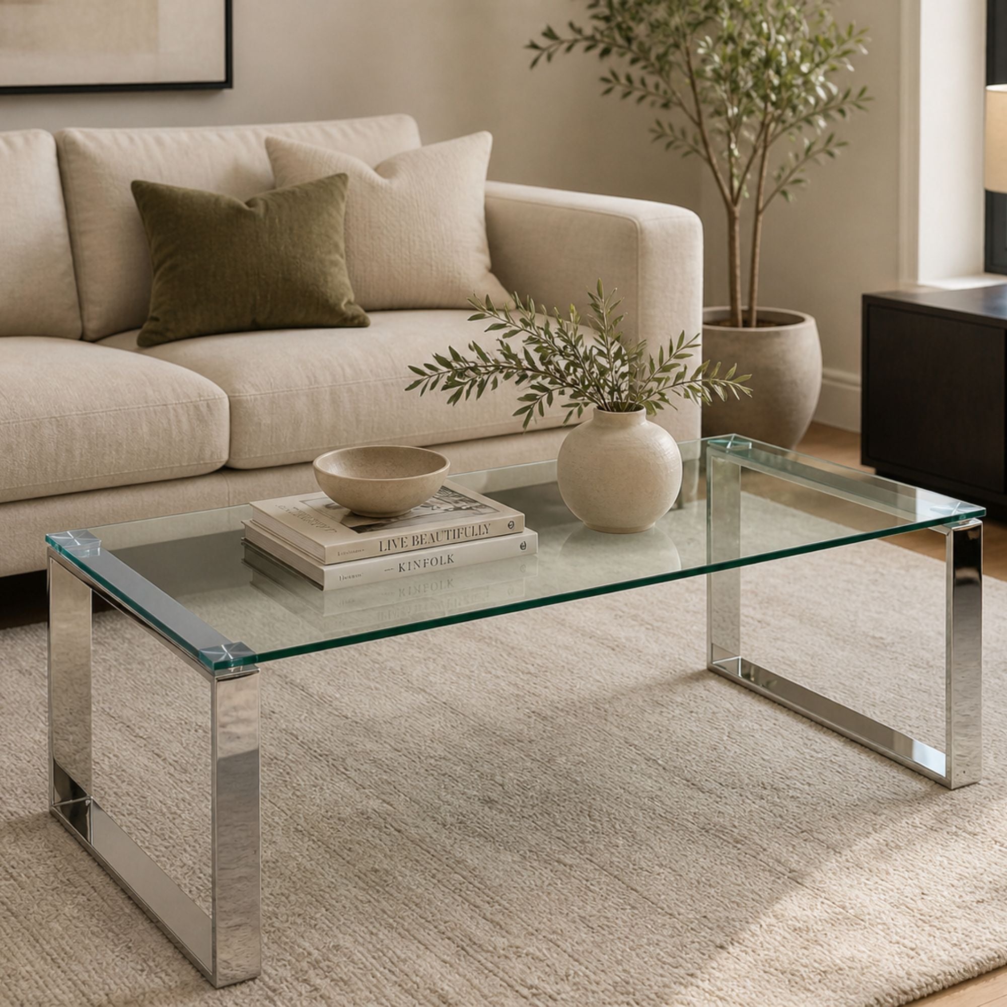 Elegant GEM Glass Coffee Table by Elite Living with clear tempered glass top and sleek metal frame in a modern living room setting.