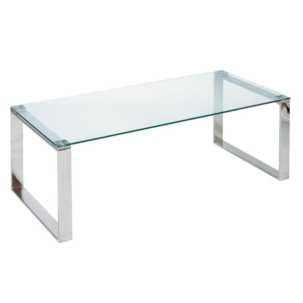 Clear GEM glass coffee table from Elite Living with sleek rectangular design and modern metal legs.