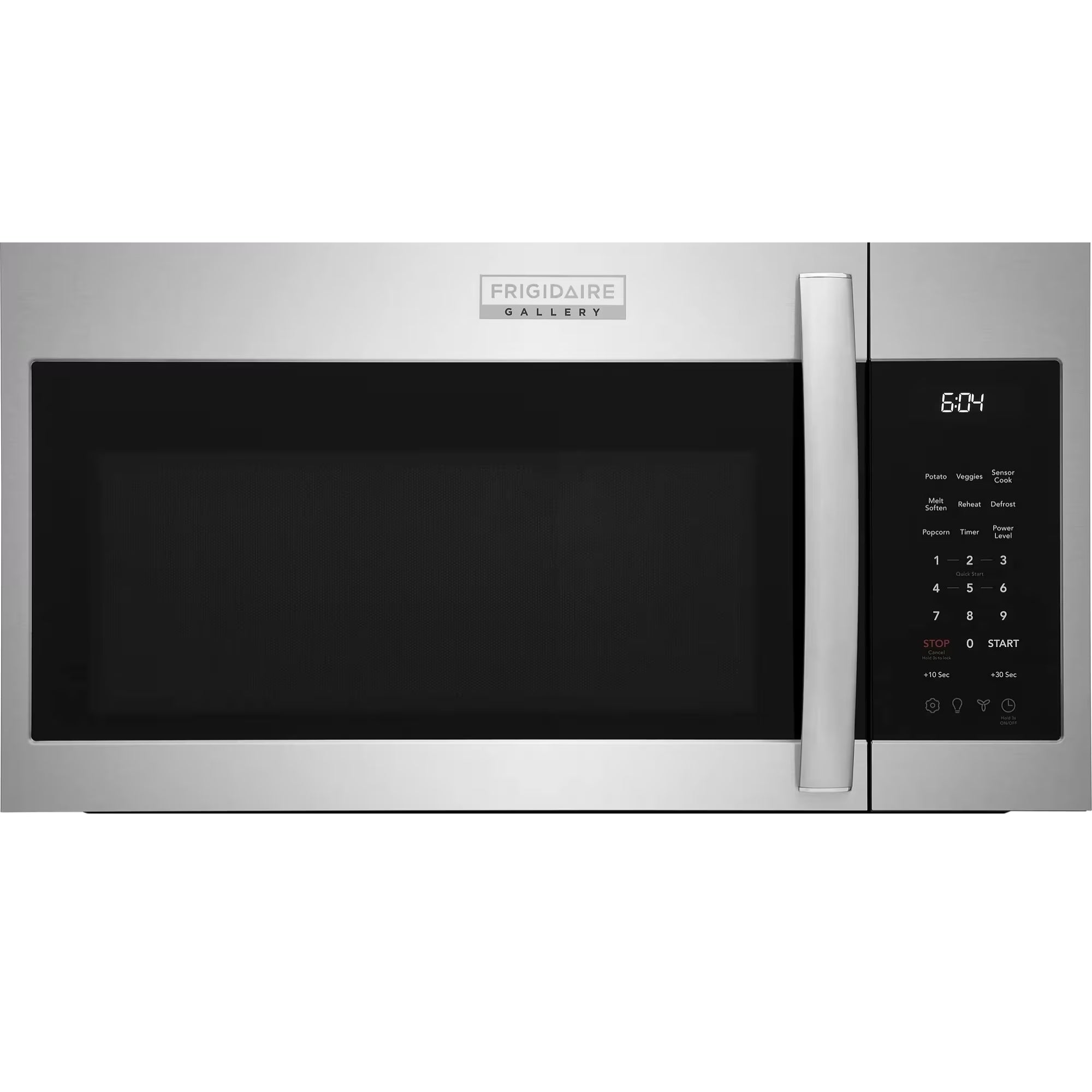 Frigidaire Gallery stainless steel over-the-range microwave with digital control panel and interior light.