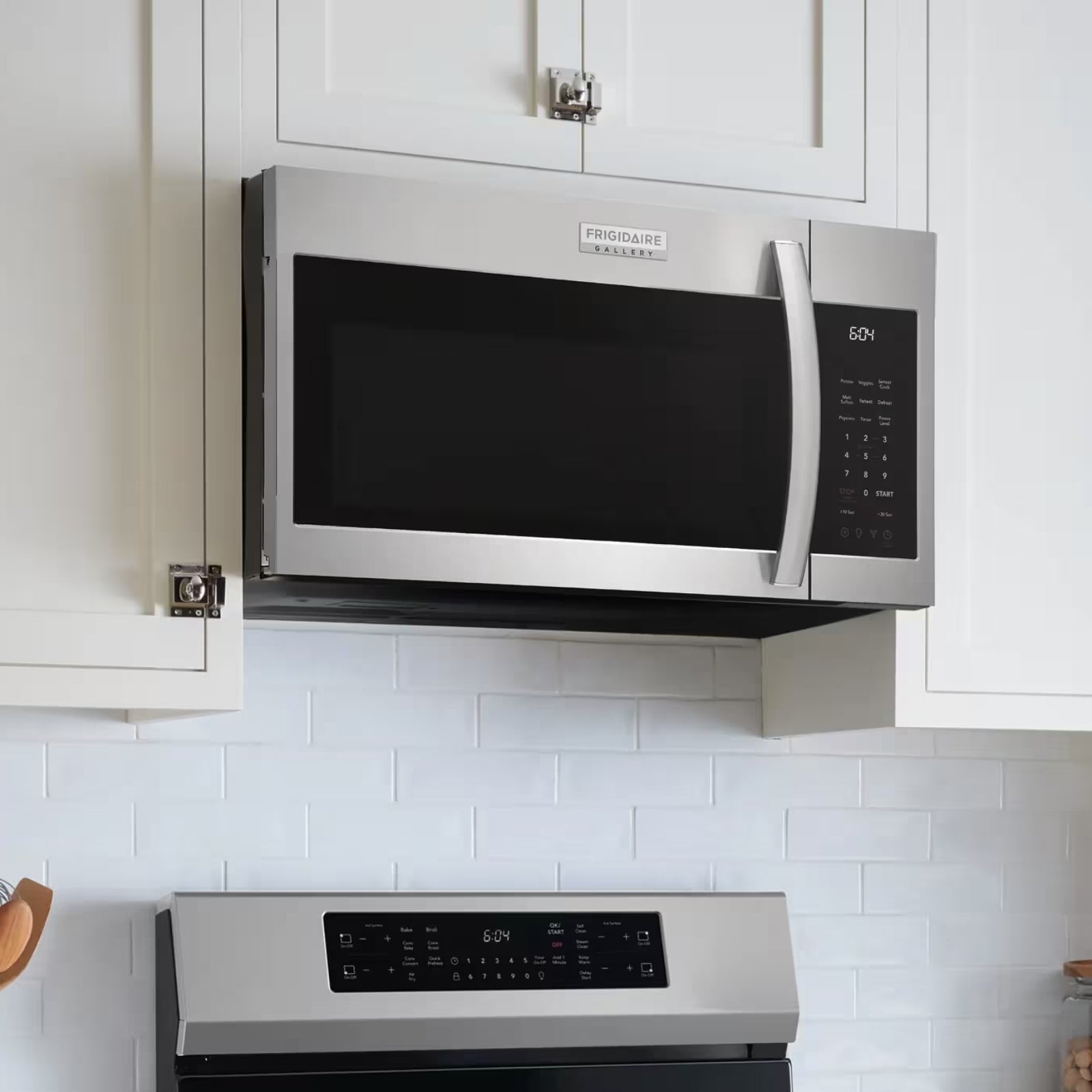 Frigidaire Gallery GMOS1962AF stainless steel over-the-range microwave with digital display and control panel inside the oven cavity.