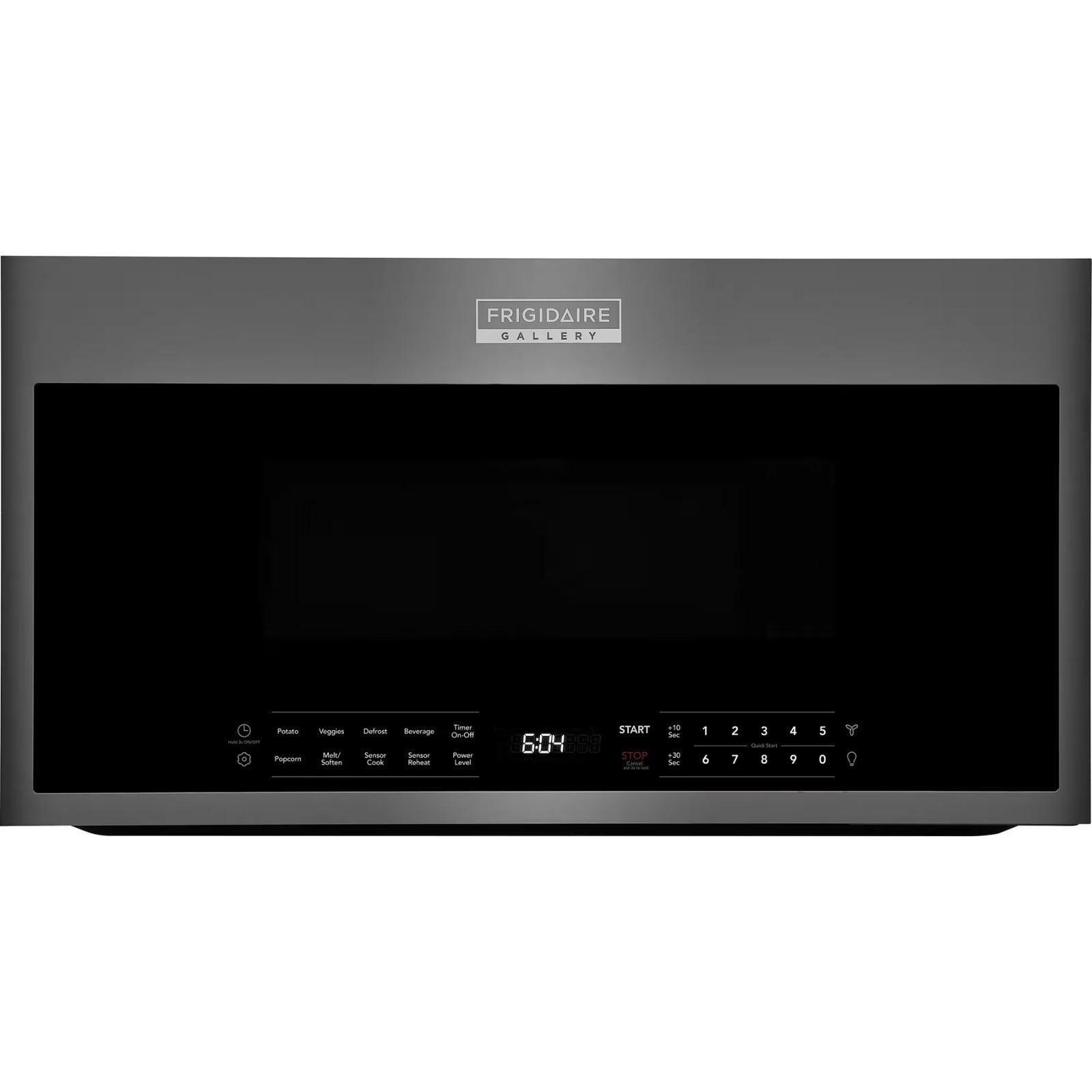 Frigidaire Gallery black stainless over-the-range microwave with digital control panel and spacious 1.9 cu ft interior.