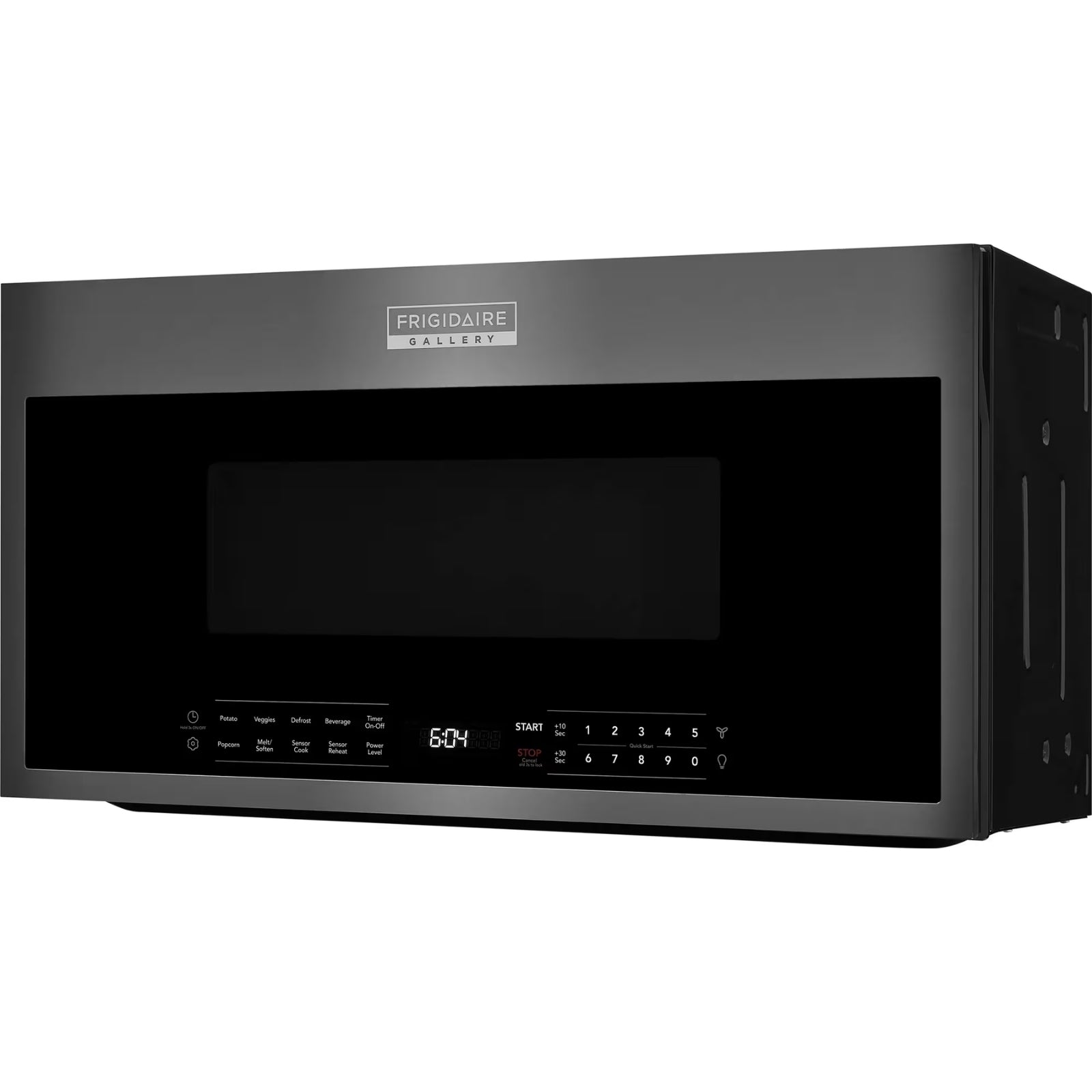 Frigidaire Gallery black stainless over-the-range microwave with digital control panel and spacious interior for quick cooking.