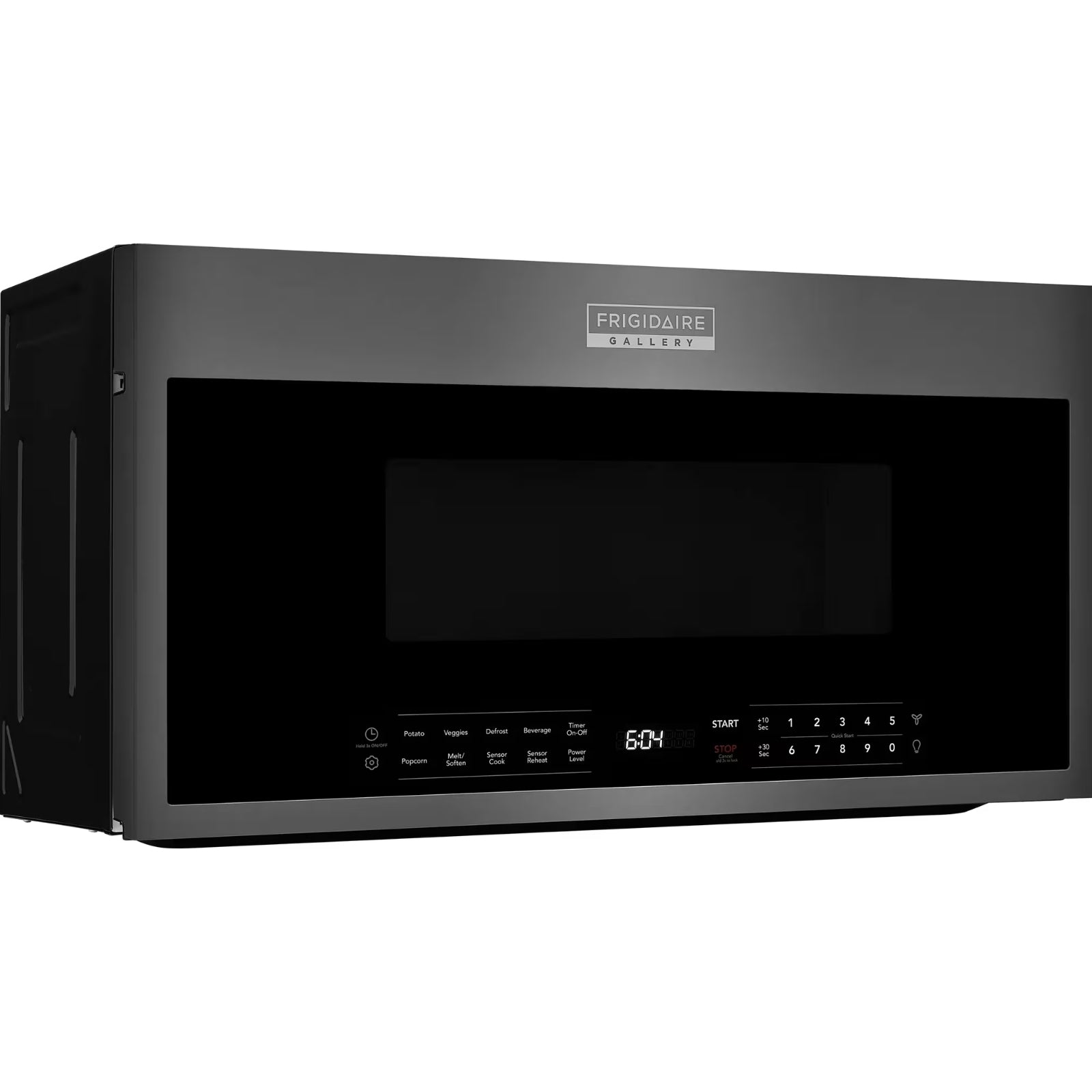 Frigidaire Gallery black stainless over-the-range microwave with digital display and control panel in a kitchen setting.