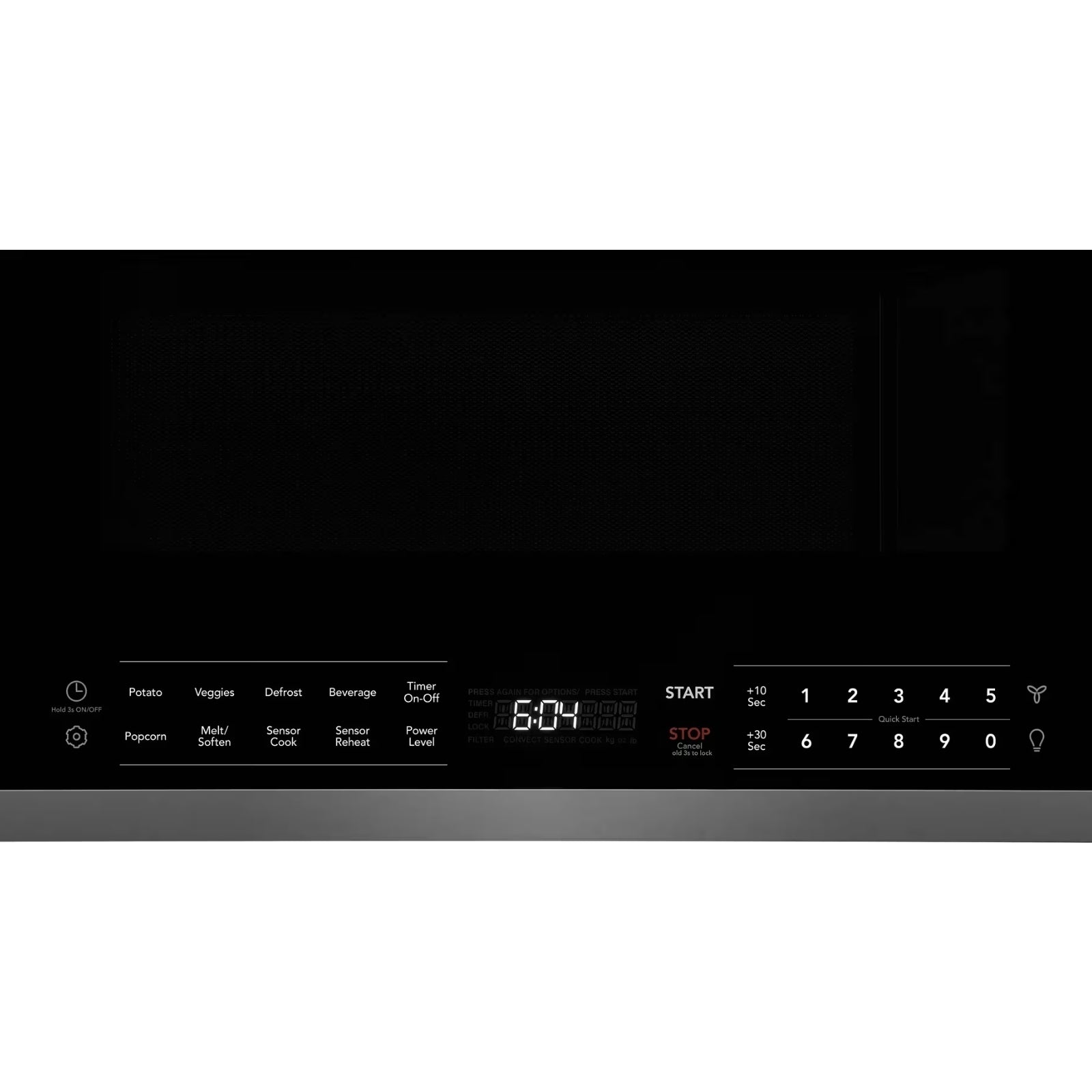 Frigidaire Gallery black stainless over-the-range microwave with digital display and control panel, 1.9 cu ft capacity.