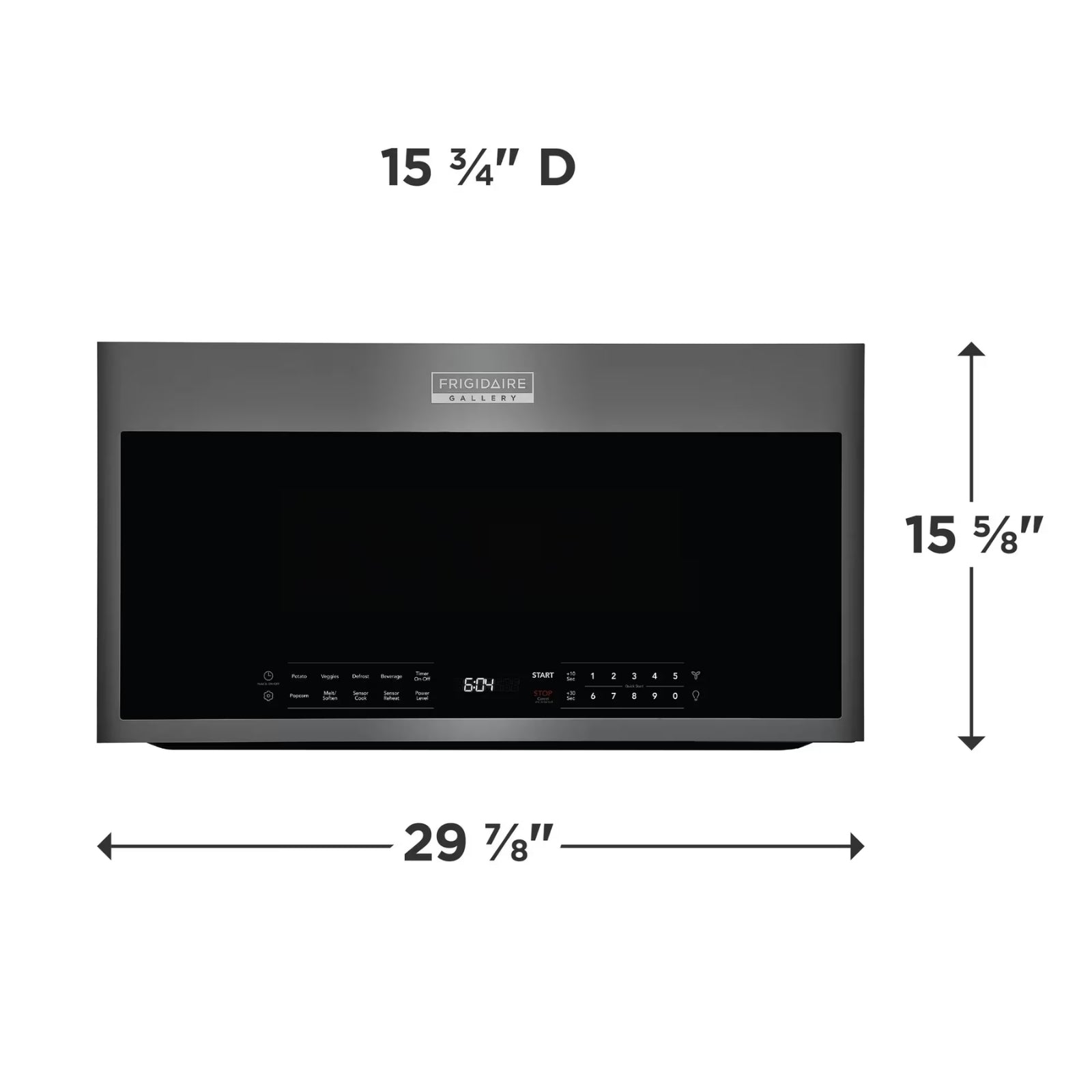 Frigidaire Gallery GMOS1964AD black stainless over-the-range microwave with digital control panel and interior light.