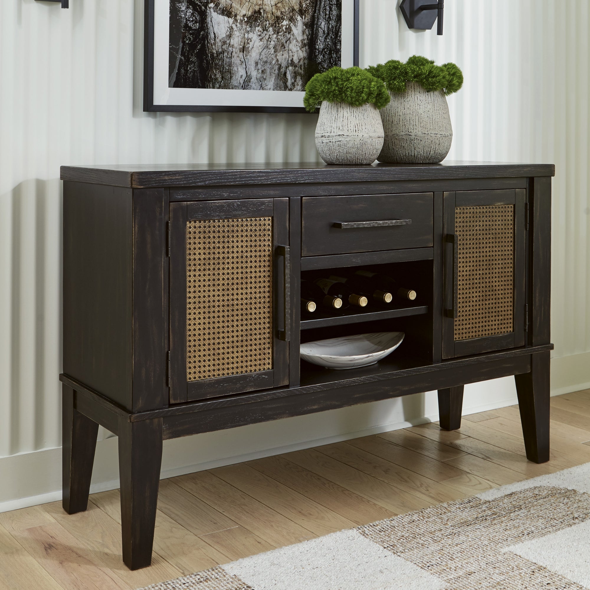 Signature Ashley Galliden dining room server with wood finish, featuring multiple drawers and cabinets for storage.