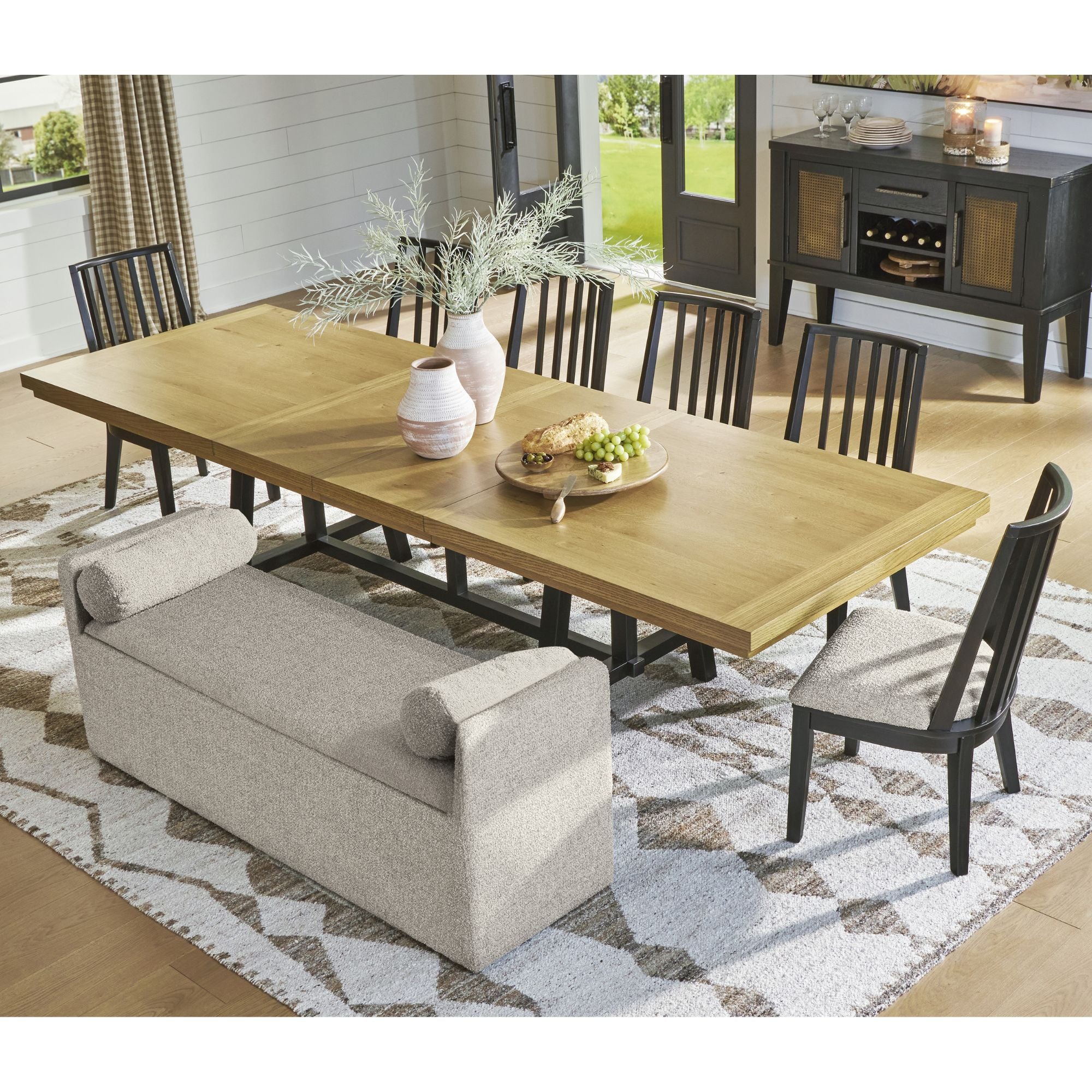 Signature Ashley Galliden EXT dining room set with table, chairs, and bench, featuring wood finish and modern design.