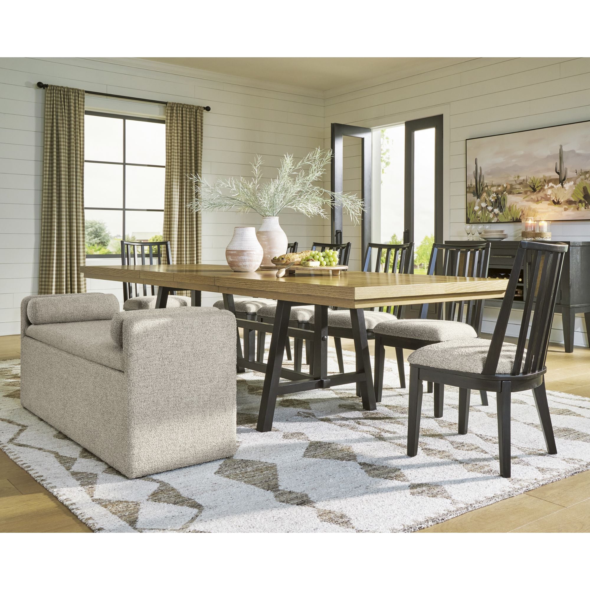 Signature Ashley Galliden EXT dining room set with table, chairs, and matching bench in a modern home dining area.
