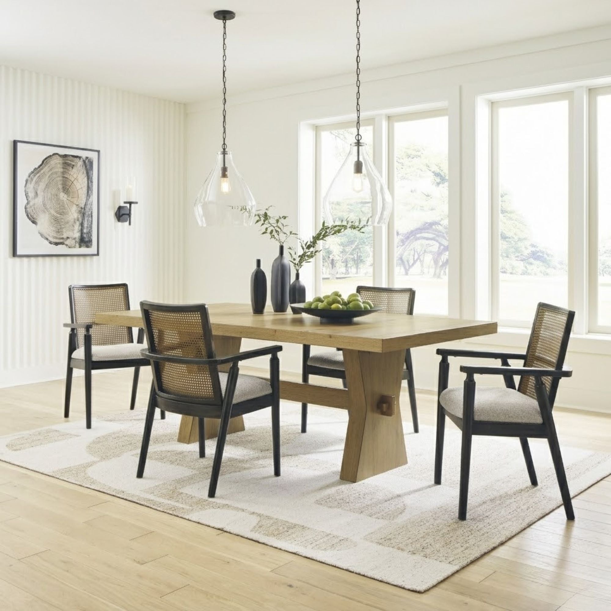 Signature Ashley Galliden rectangular dining room set with a wooden table and matching chairs in a modern dining space.