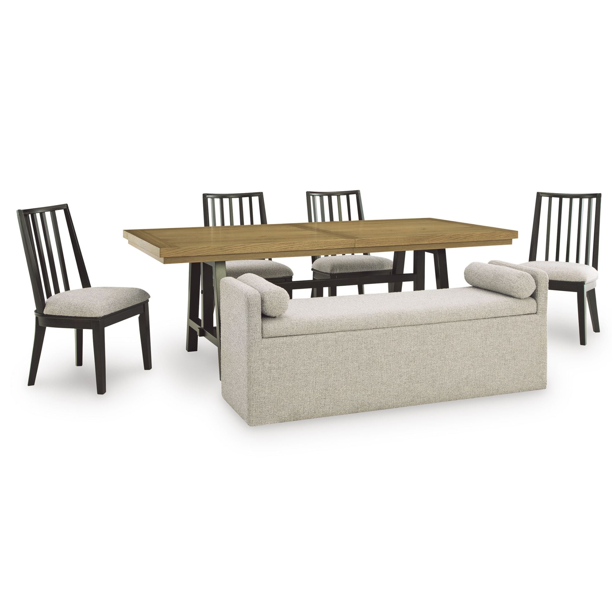Signature Ashley Galliden dining room set with table, four chairs, and matching bench, showcasing a modern wood finish.
