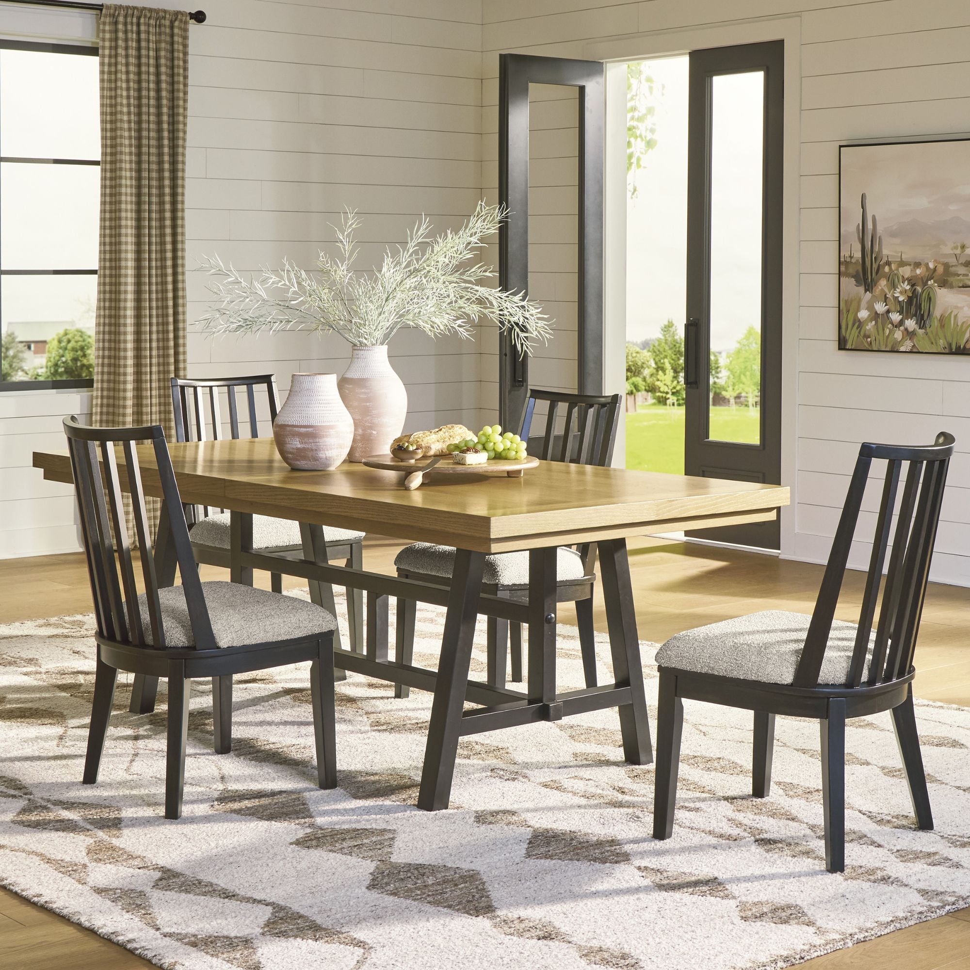 Elegant Galliden EXT dining room set by Signature Ashley with a wooden table and upholstered chairs, perfect for family gatherings.