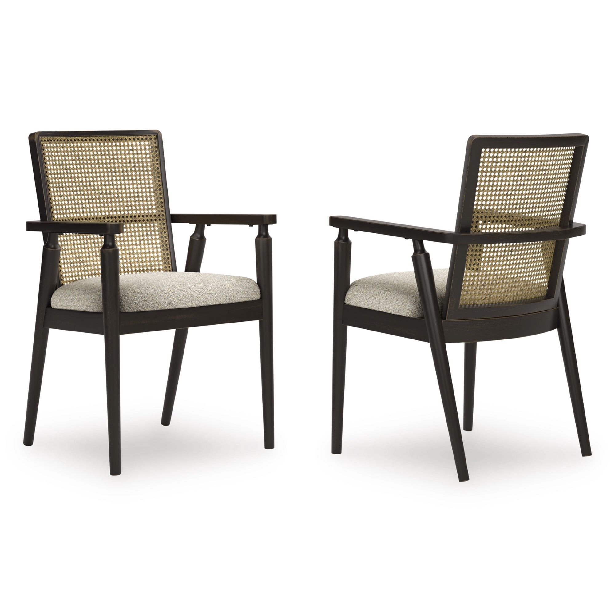 Set of two Galliden dining UPH arm chairs by Signature Ashley, featuring upholstered seats and wooden legs for elegant dining.