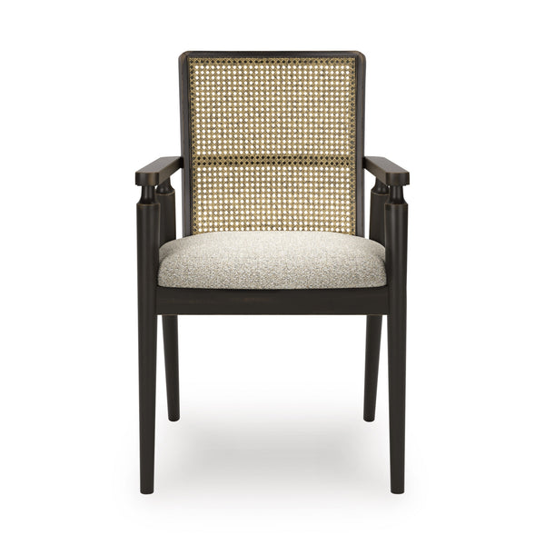 Set of two Galliden Dining UPH arm chairs by Signature Ashley, featuring upholstered seats and wooden legs for modern dining rooms.