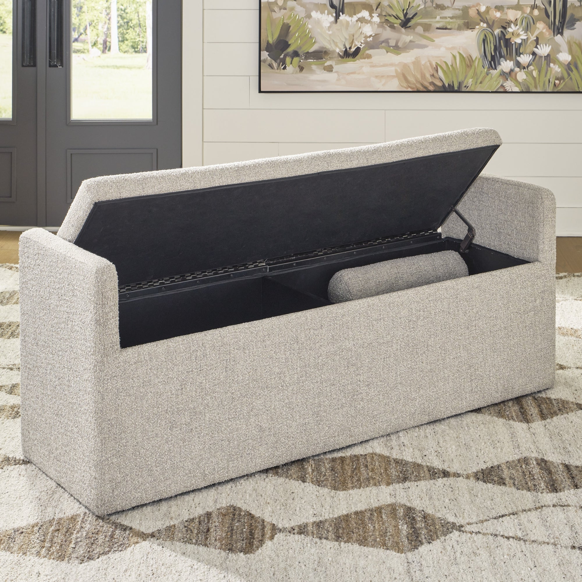 Large Galliden UPH dining room bench by Signature Ashley with upholstered seat and wooden legs, ideal for kitchen or dining area.