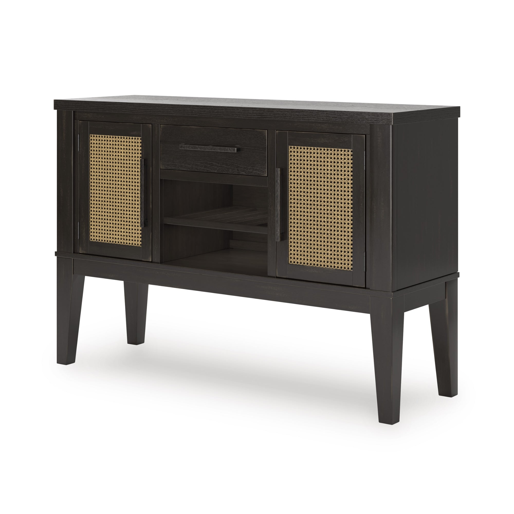 Large Signature Ashley Galliden dining room server with storage compartments and a polished wood finish.