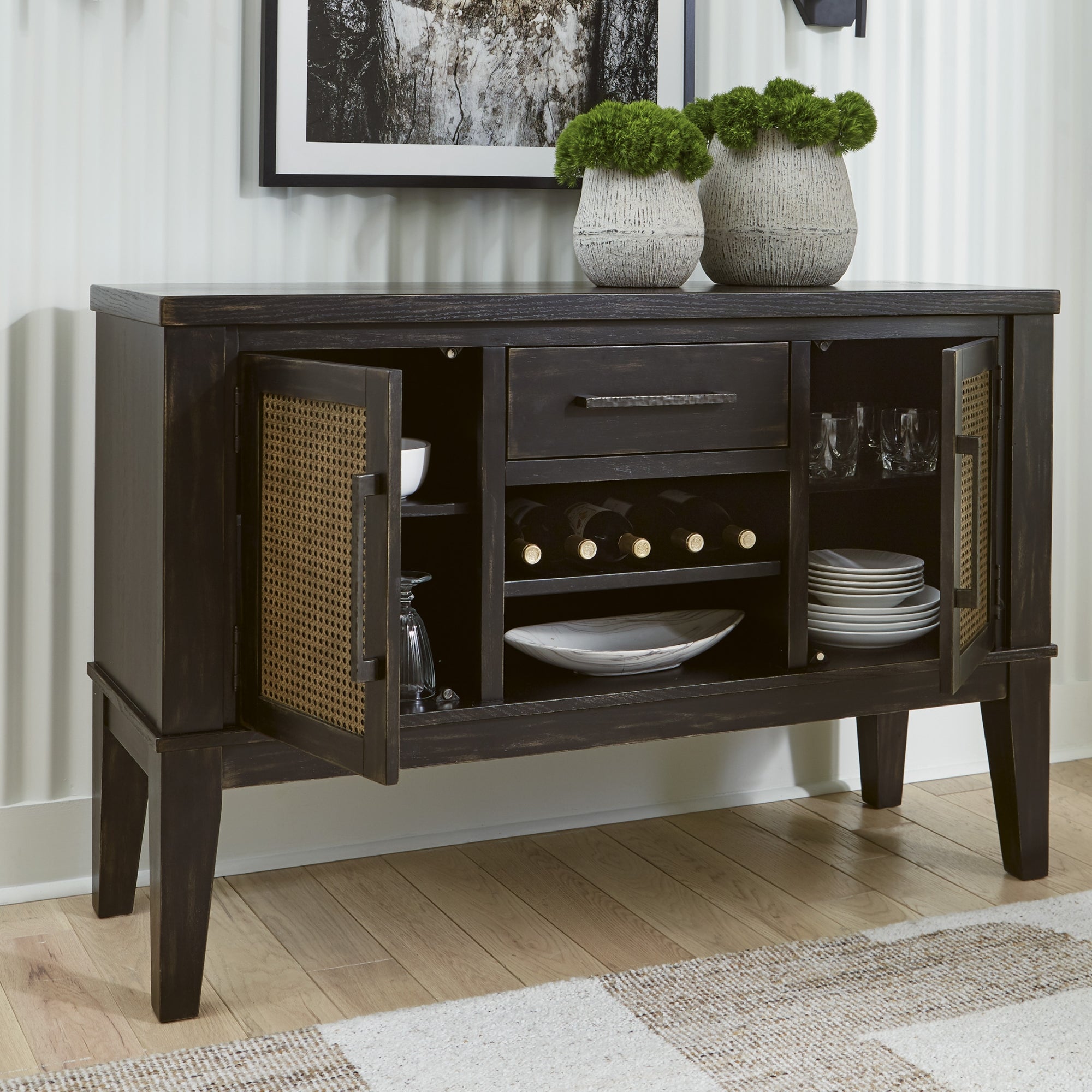 Large image of Ashley Galliden dining room server with multiple storage compartments and a polished wood finish.