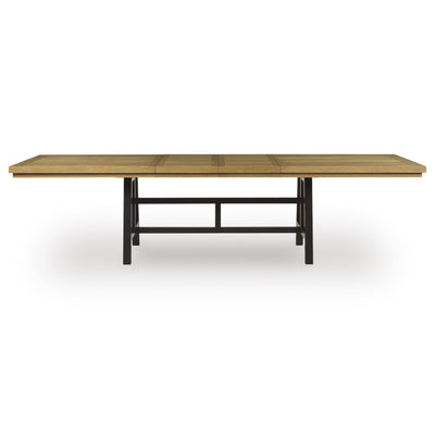 Ashley Galliden EXT dining room set with a large wooden table and six matching chairs arranged in a modern dining space.