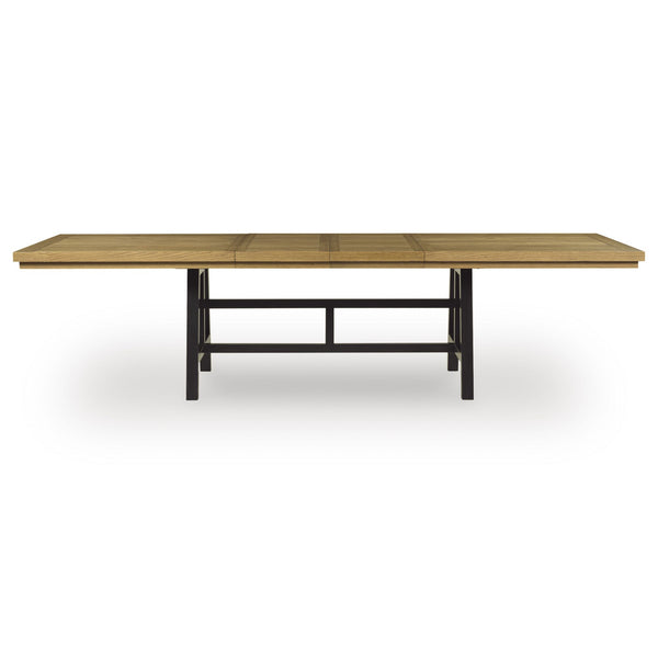 Ashley Galliden EXT dining room set with a large wooden table and six matching chairs arranged in a modern dining space.