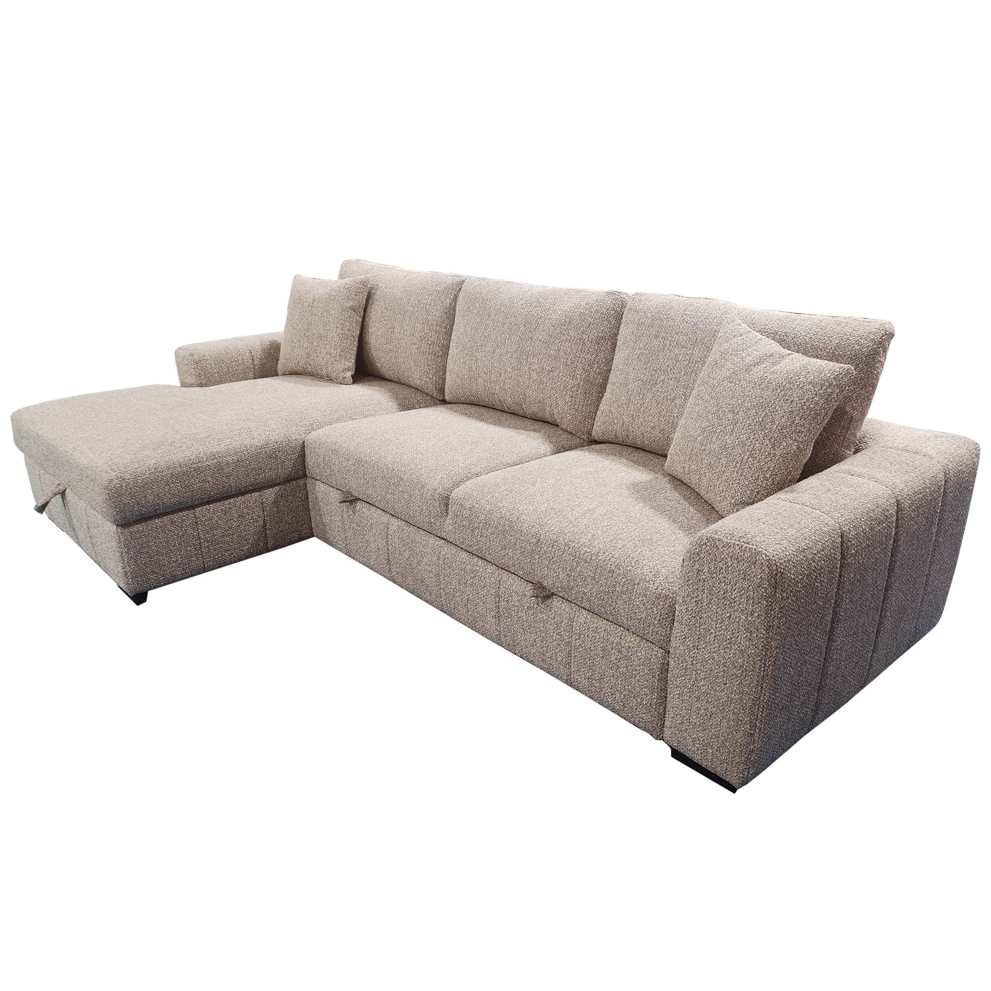 World Wide Gareth sofa sleeper with left chaise and storage in taupe fabric, featuring a sleek, modern design and comfortable seating.