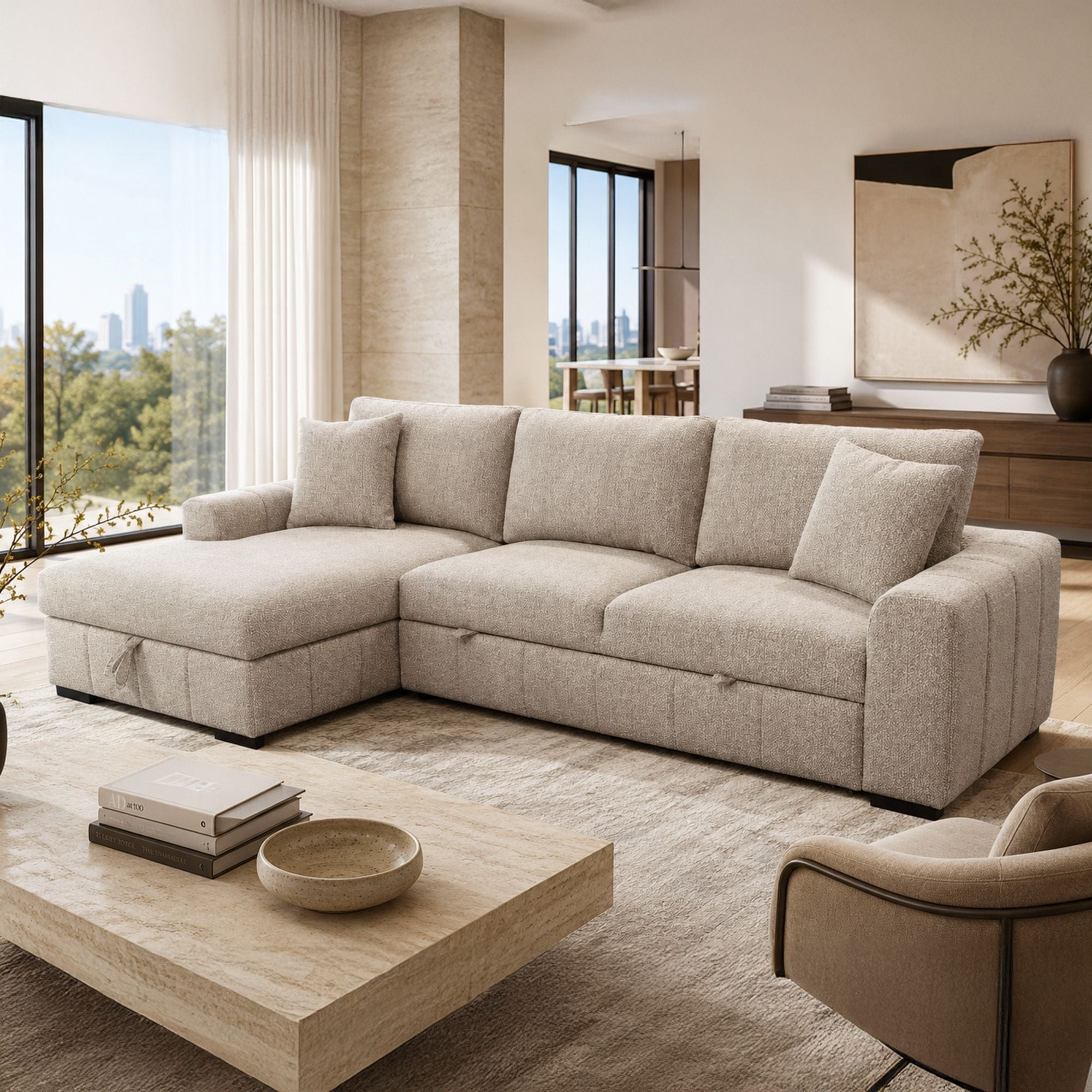 World Wide Gareth sofa sleeper with left chaise and storage, featuring taupe fabric and plush cushions for versatile lounging and sleeping.