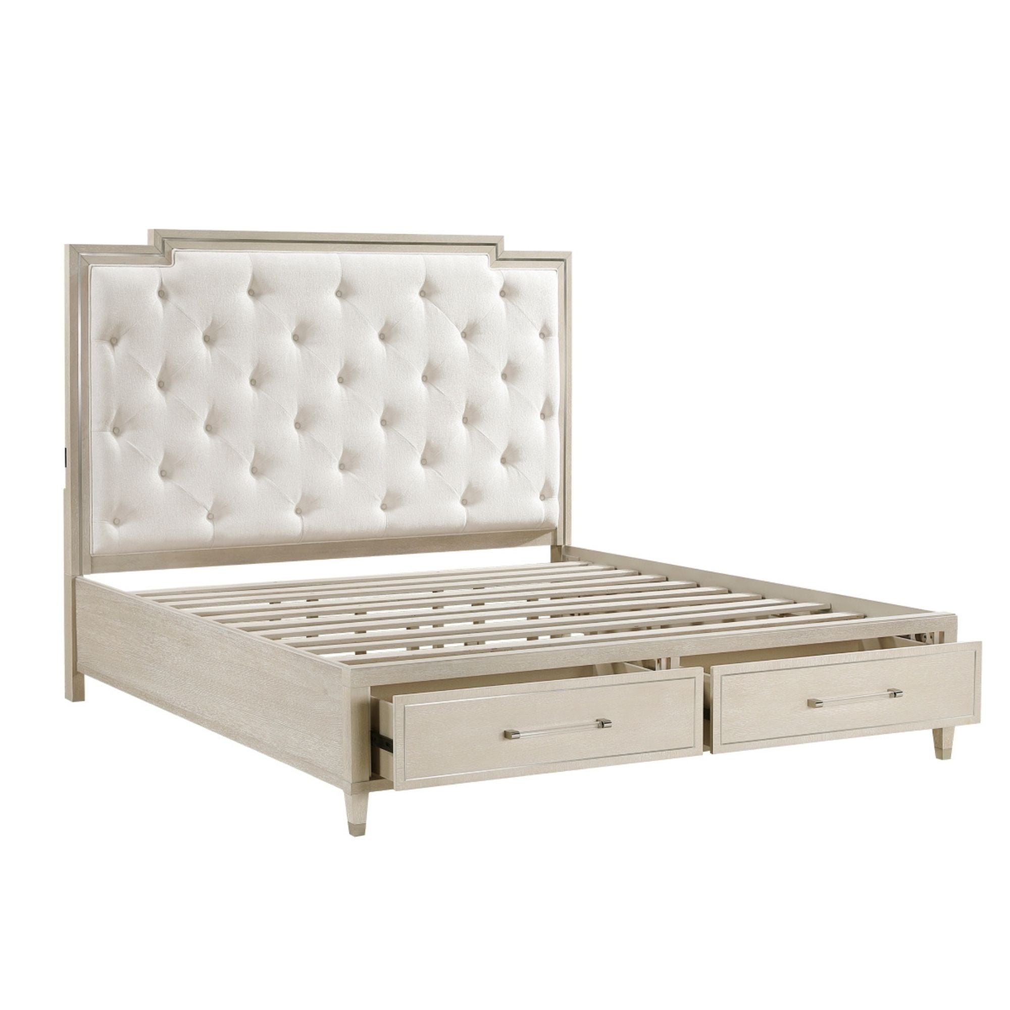 Ivory Genoa platform bedroom set by M.A.F featuring a bed frame, matching nightstands, and a clean, modern design.