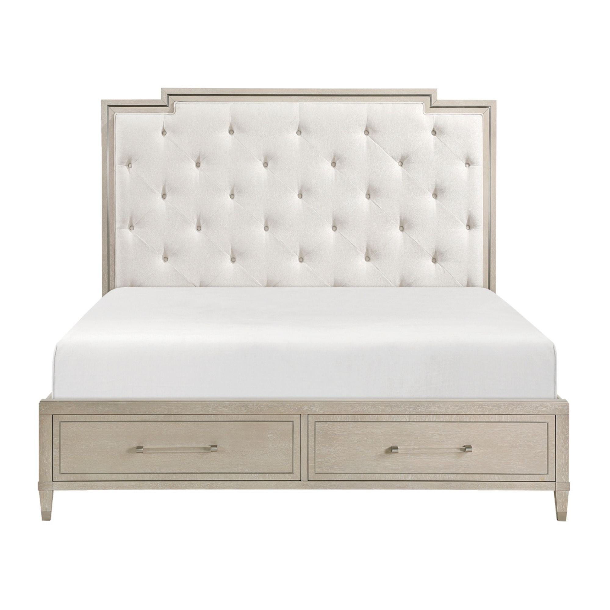 M.A.F Genoa Ivory platform bedroom set with bed frame, matching headboard, and storage drawers in a modern bedroom design.