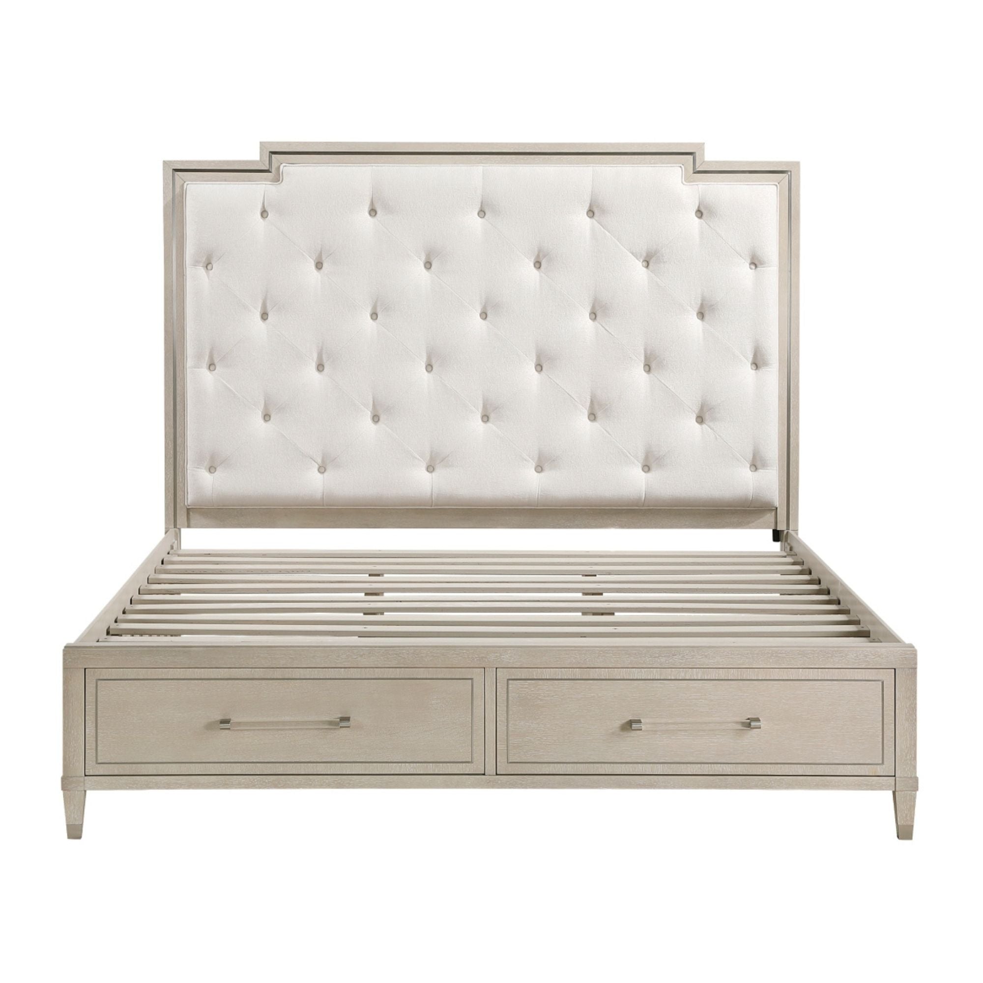 M.A.F Genoa Ivory platform bedroom set with a bed frame, nightstands, and matching headboard in a modern design.