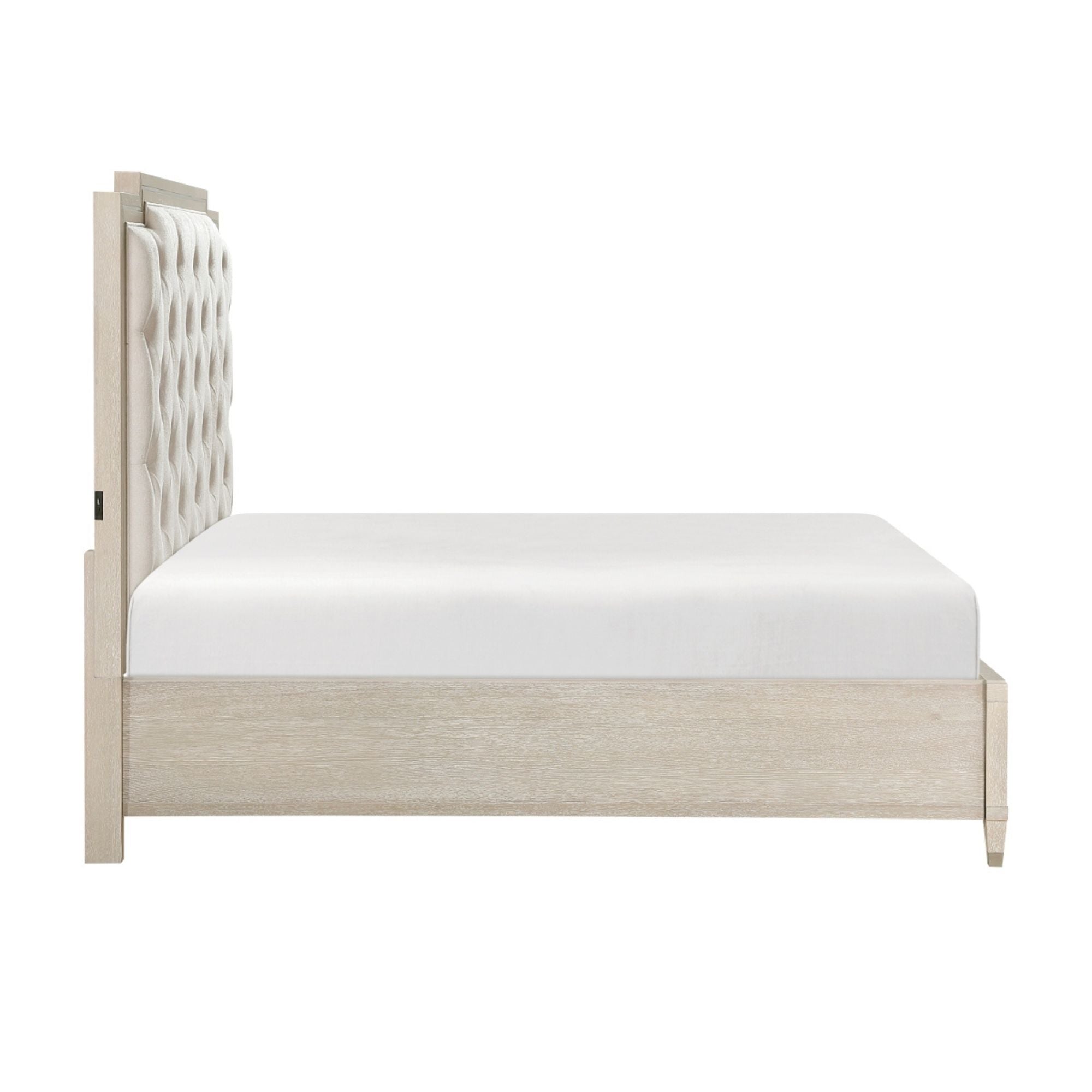 M.A.F Genoa platform bedroom set in ivory, includes bed frame and matching furniture, styled in a modern bedroom setting.
