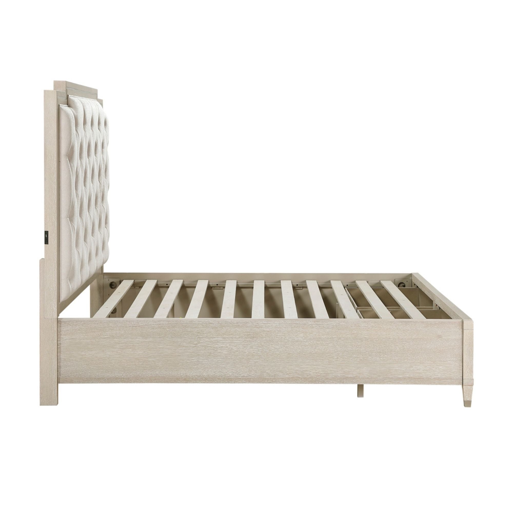 M.A.F Genoa Ivory platform bedroom set featuring a bed frame, matching nightstands, and a contemporary design.