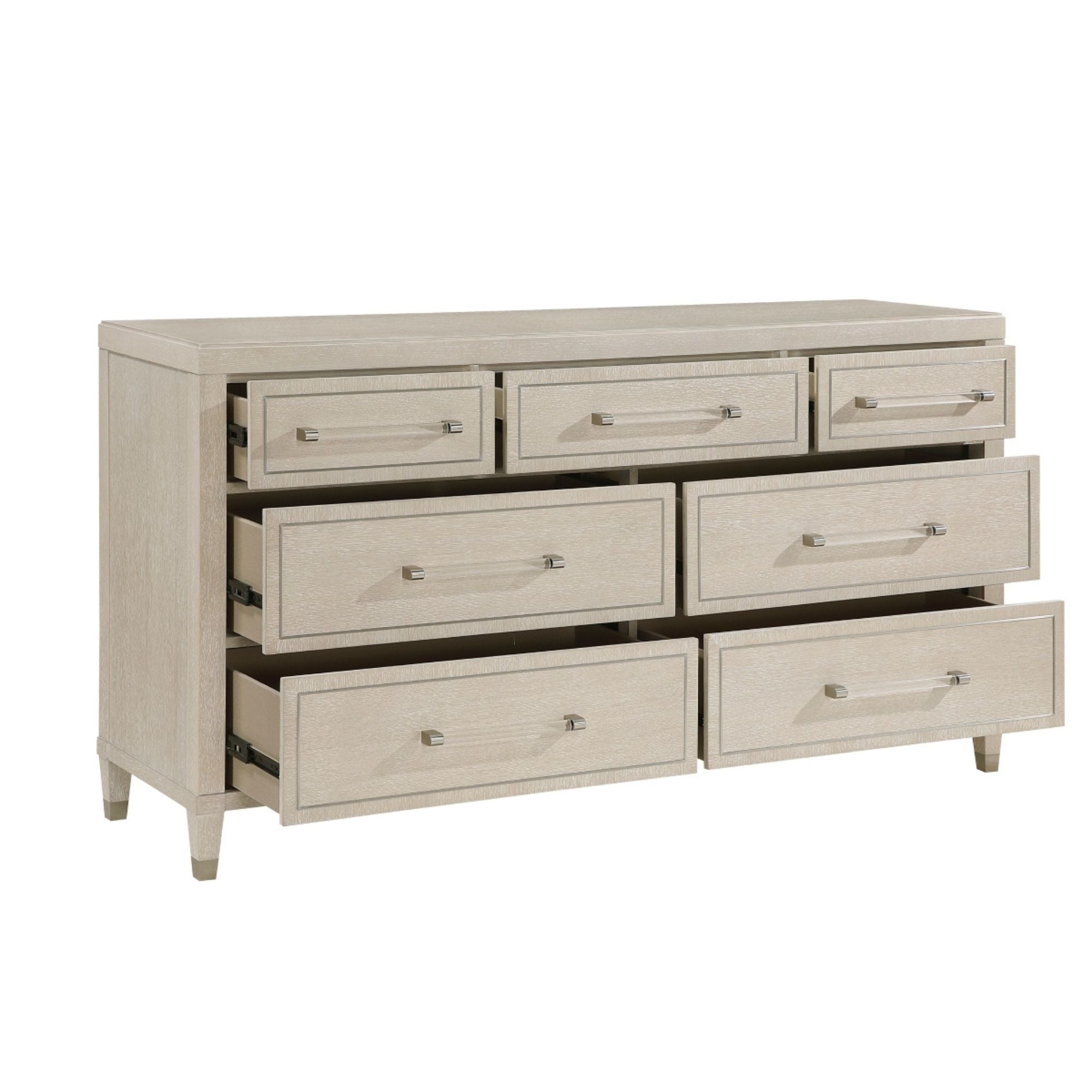 MAZ Genoa Dresser and Mirror set in light oak wood with sleek design and ample storage, ideal for modern bedroom decor.