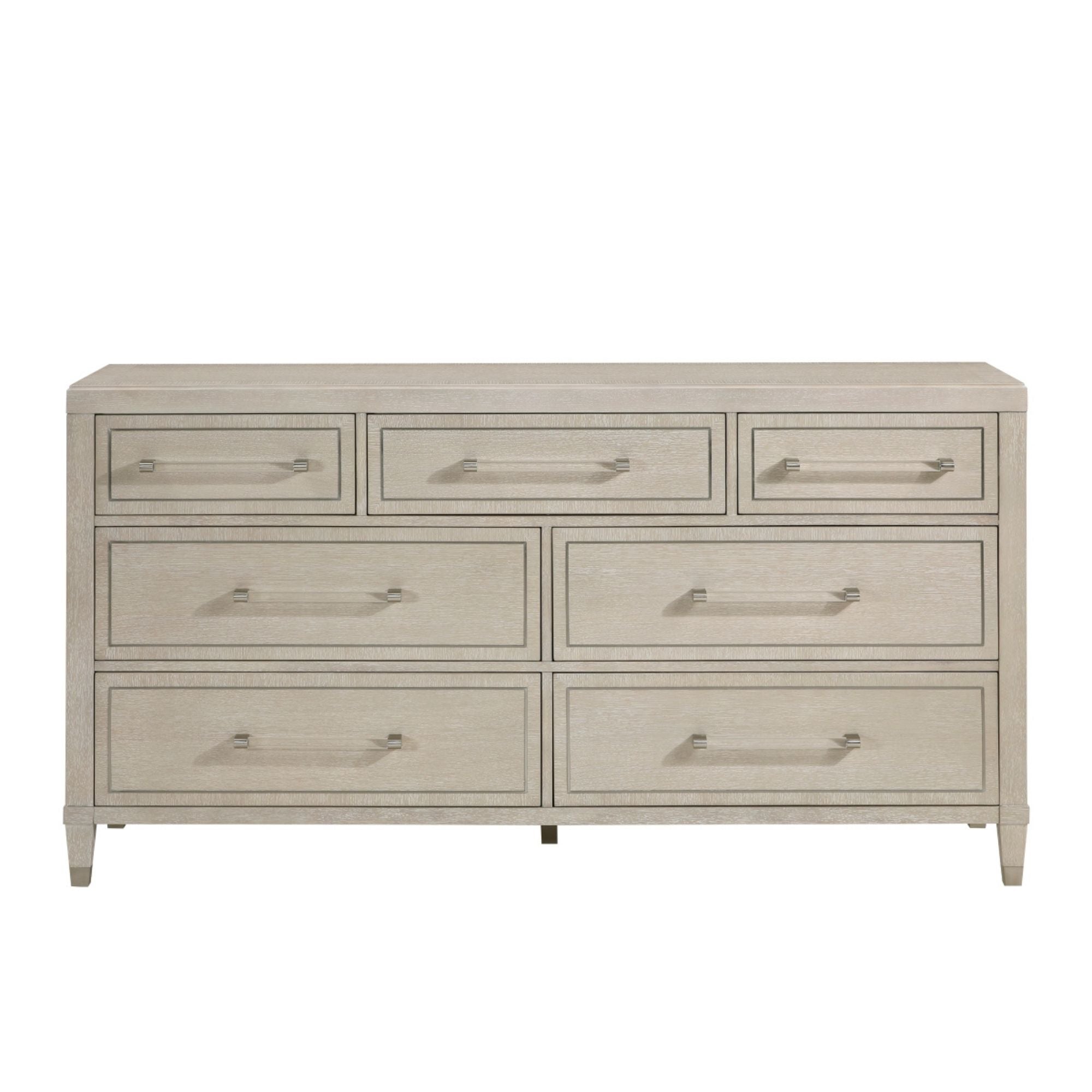 Light oak Genoa dresser and mirror set by MAZ, featuring a modern design with spacious drawers and matching wall mirror.