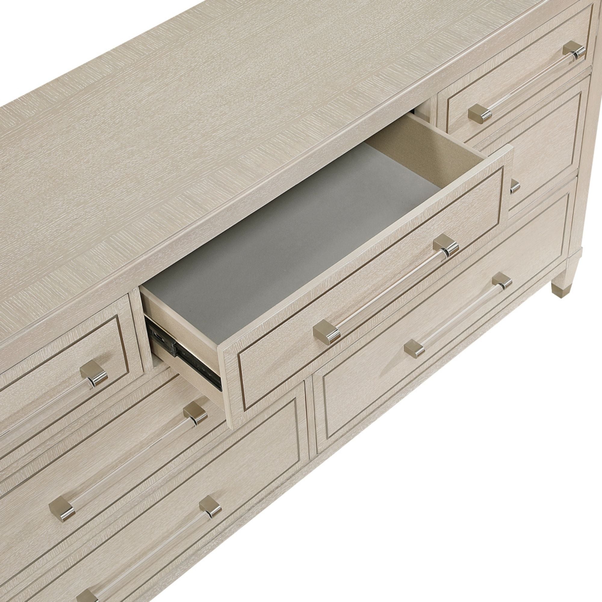 Light oak Genoa dresser and mirror set by MAZ featuring sleek design and ample storage, shown in a modern bedroom setting.