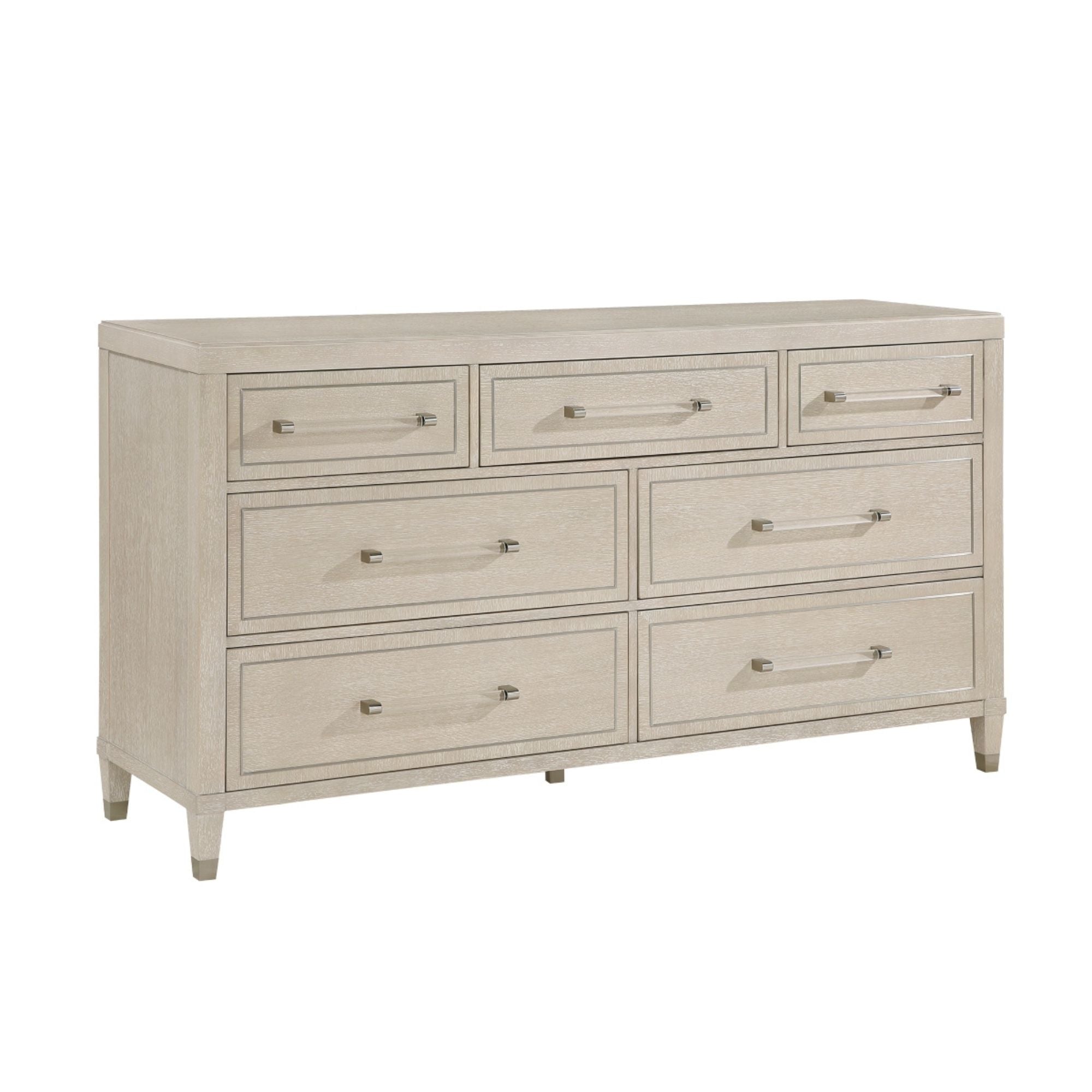 M.A.F Genoa platform bedroom set in ivory, featuring a bed frame with matching nightstands and storage drawers in a modern design.