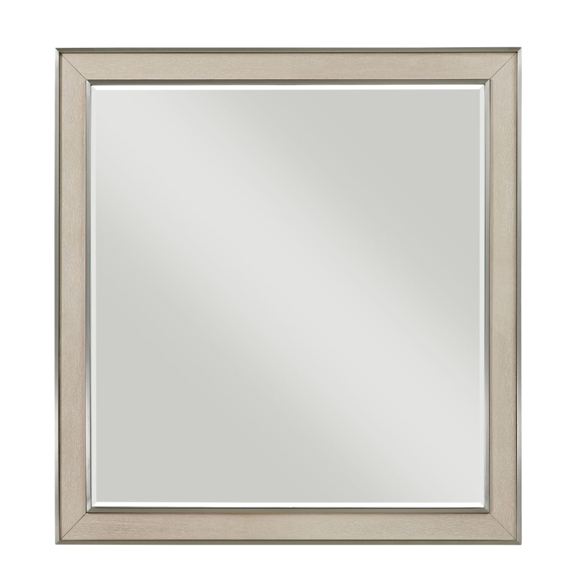 Light oak Genoa dresser and mirror set by MAZ, featuring sleek wood finish and modern design in a stylish bedroom setup.