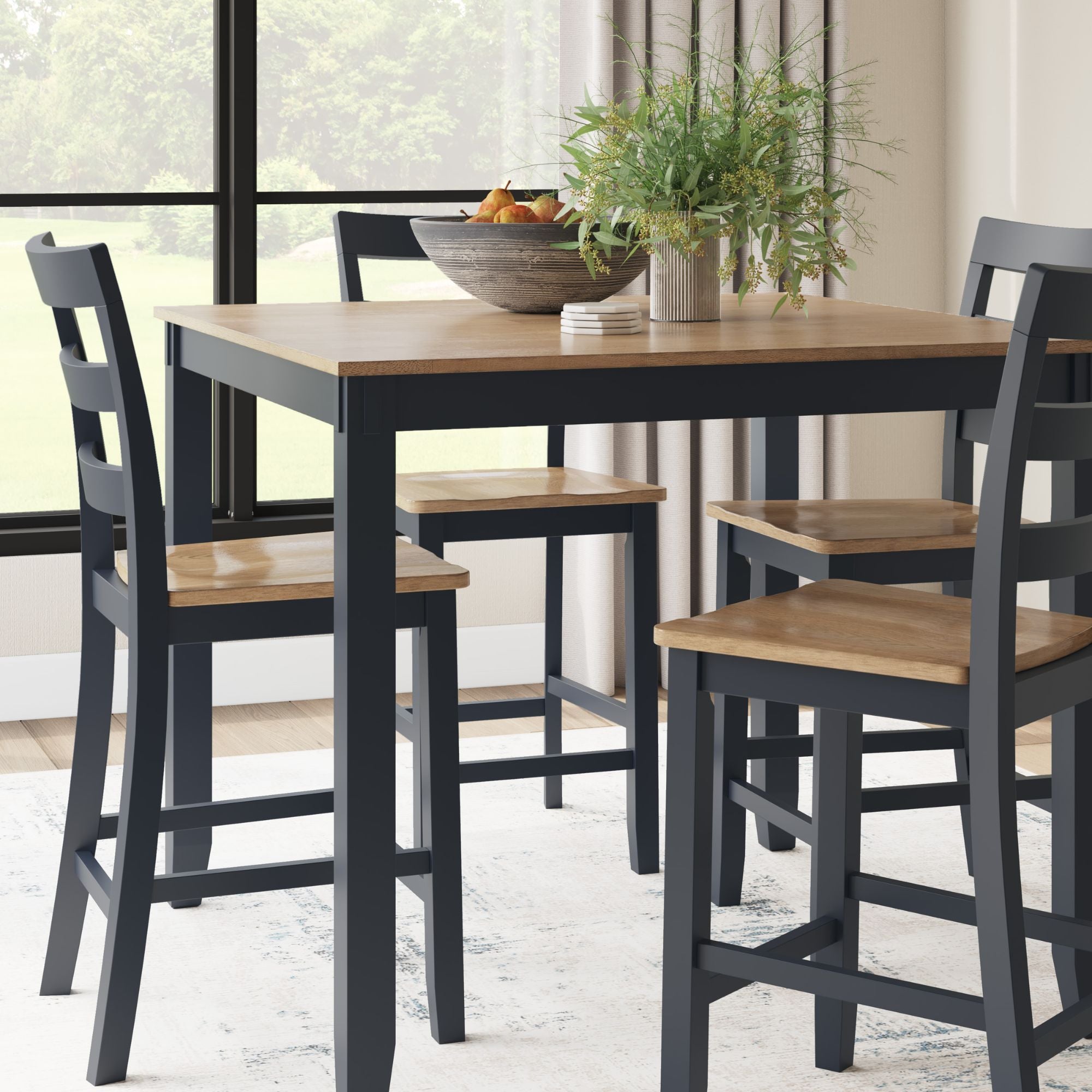 Gesthaven 5-piece counter height dining room set with natural wood finish and blue upholstered seats from Signature Ashley.