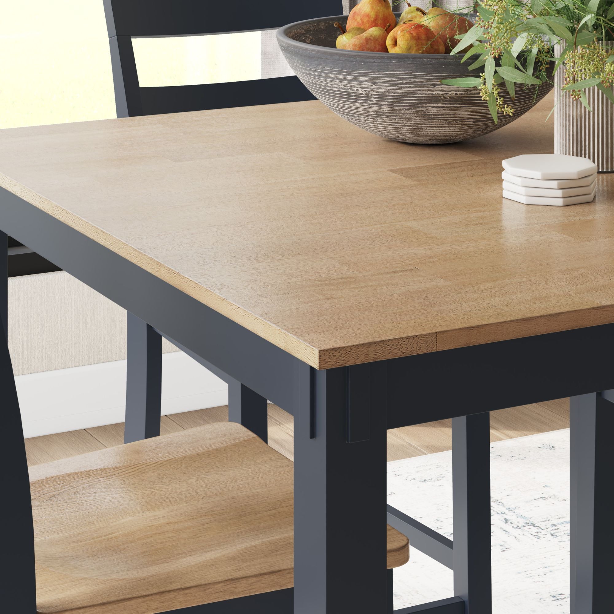 Gesthaven 5-piece counter dining room set with natural wood finish and blue upholstered seats by Signature Ashley.