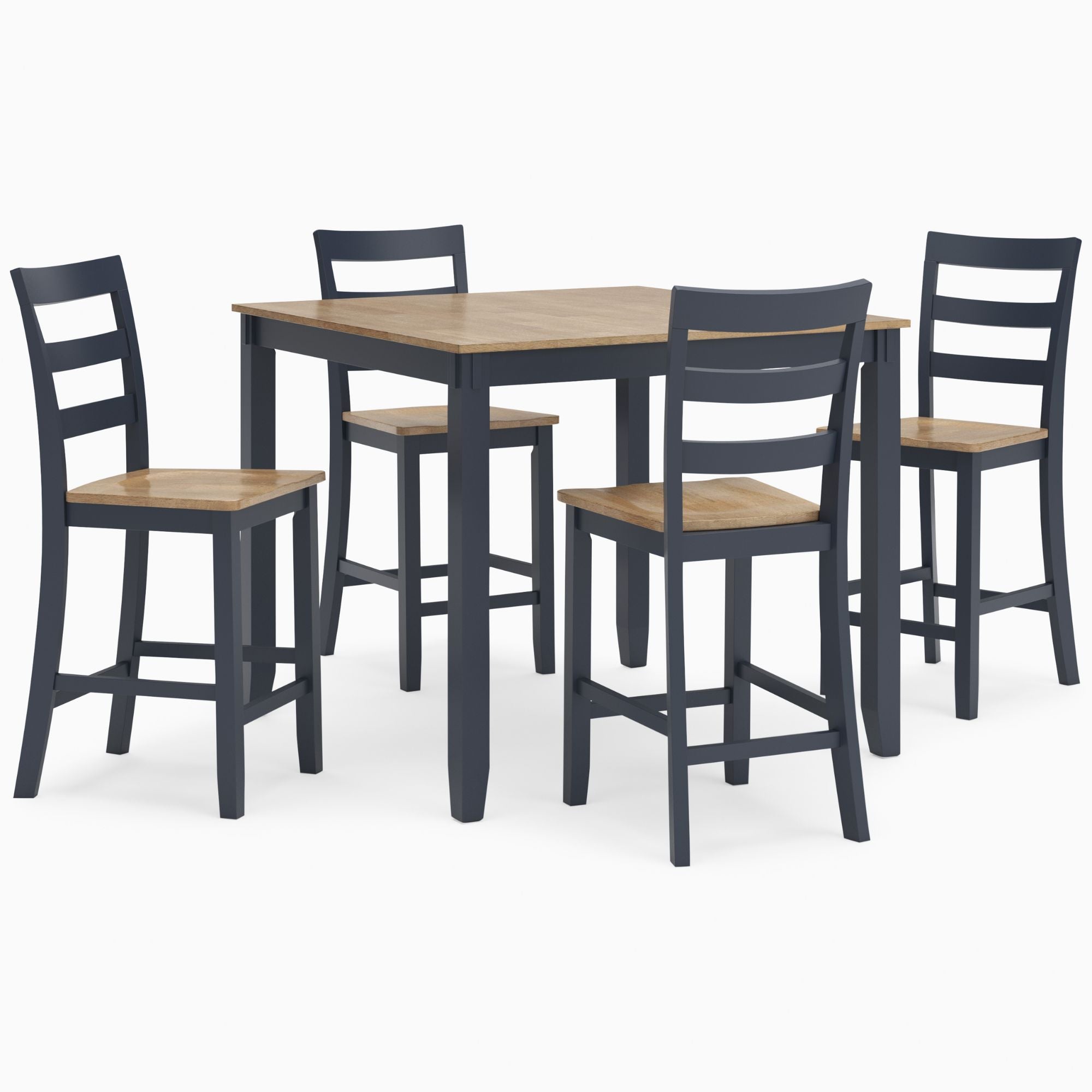 Ashley Gesthaven 5-piece counter dining room set with natural wood finish and blue upholstered seats, includes table and chairs.