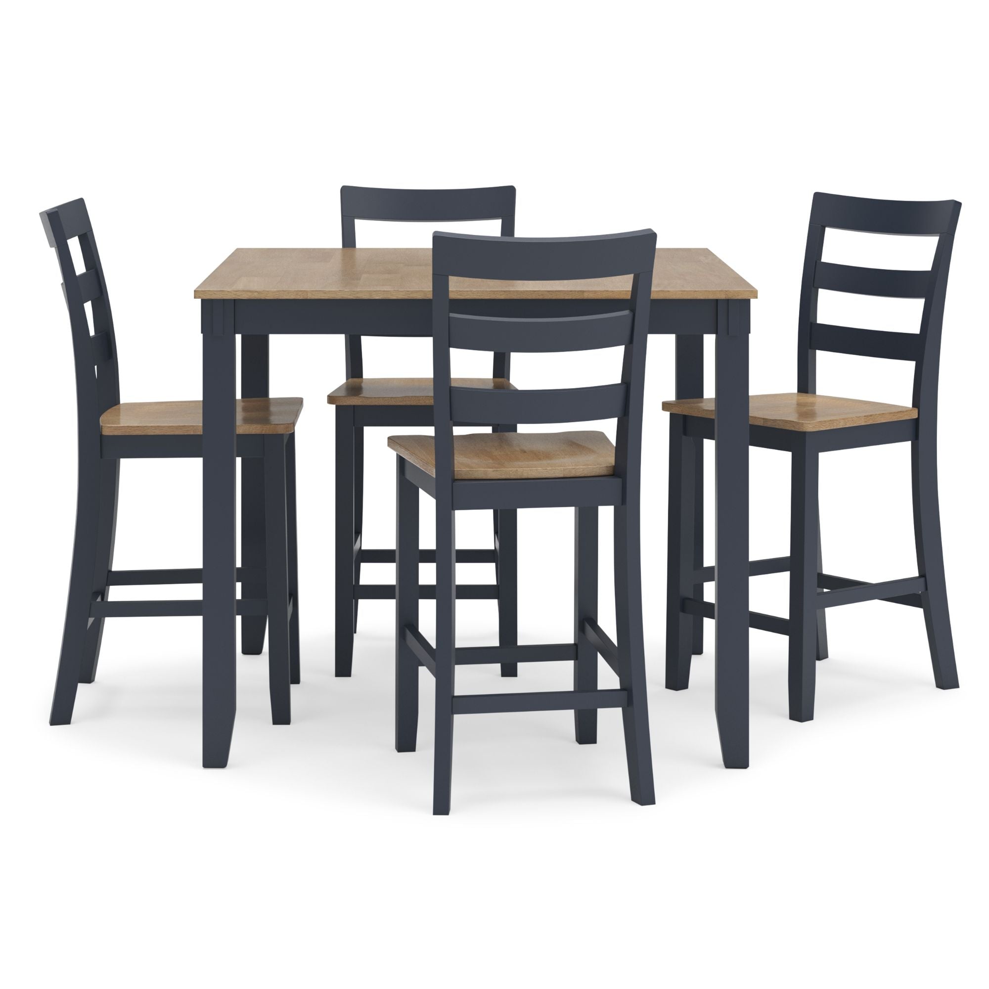 Gesthaven 5-piece counter height dining set by Signature Ashley with natural wood finish and blue upholstered seats.