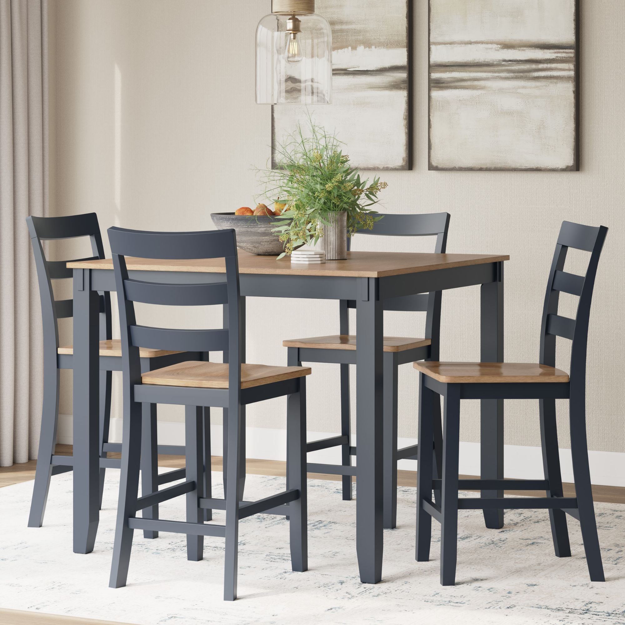 Gesthaven 5-piece counter height dining set by Signature Ashley with natural wood finish and blue upholstered seats.