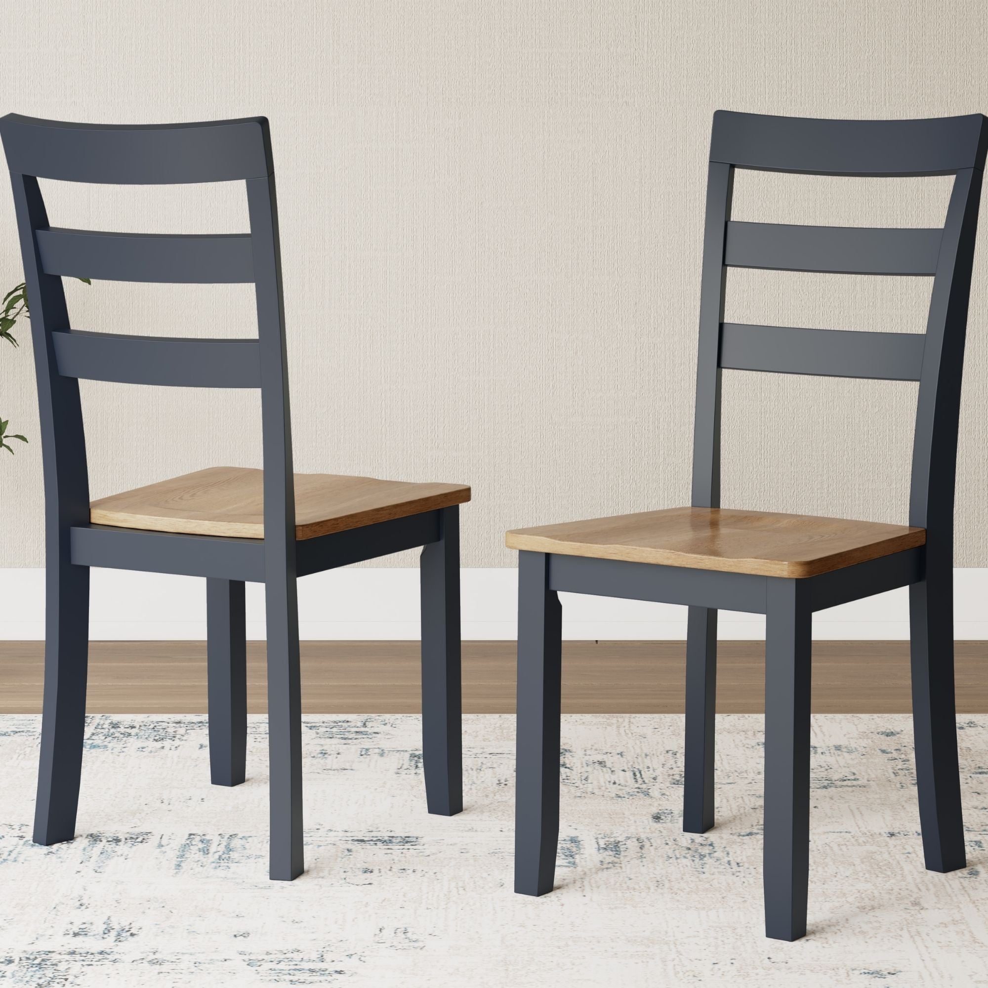 Ashley Gesthaven 6-piece dining room table set with natural wood finish and blue upholstered chairs, perfect for modern dining spaces.