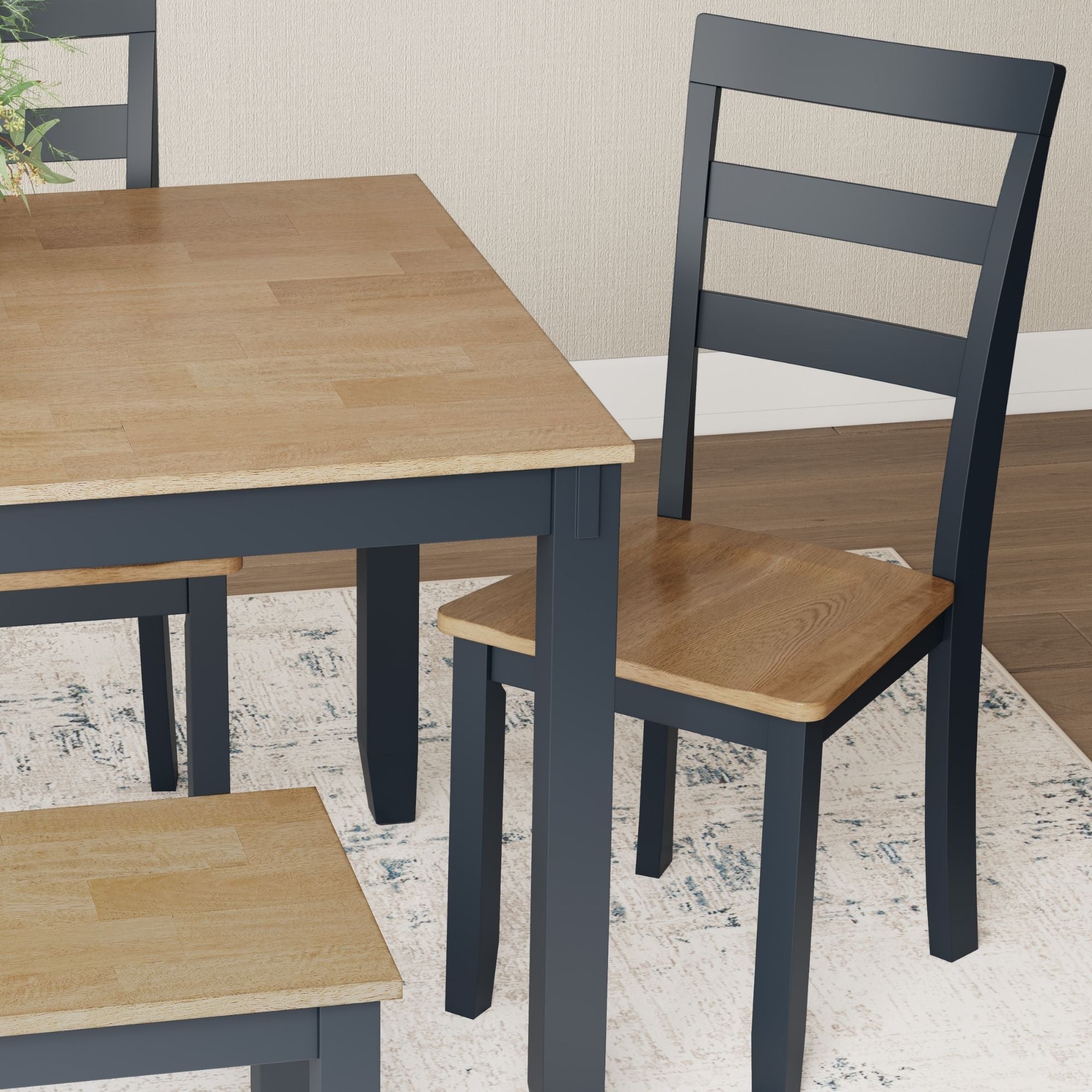 Ashley Gesthaven 6-piece dining room table set with natural wood finish and blue upholstered chairs, perfect for modern dining rooms.