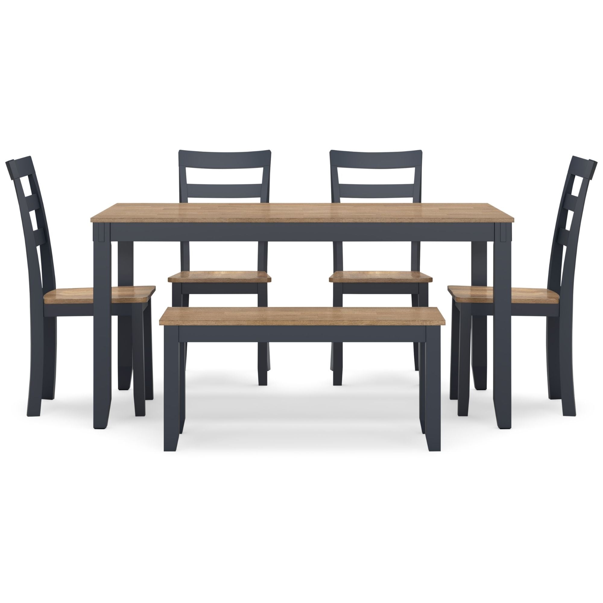 Gesthaven 6-piece dining room table set by Ashley with natural wood finish and blue upholstered chairs, stylish and functional for dining.