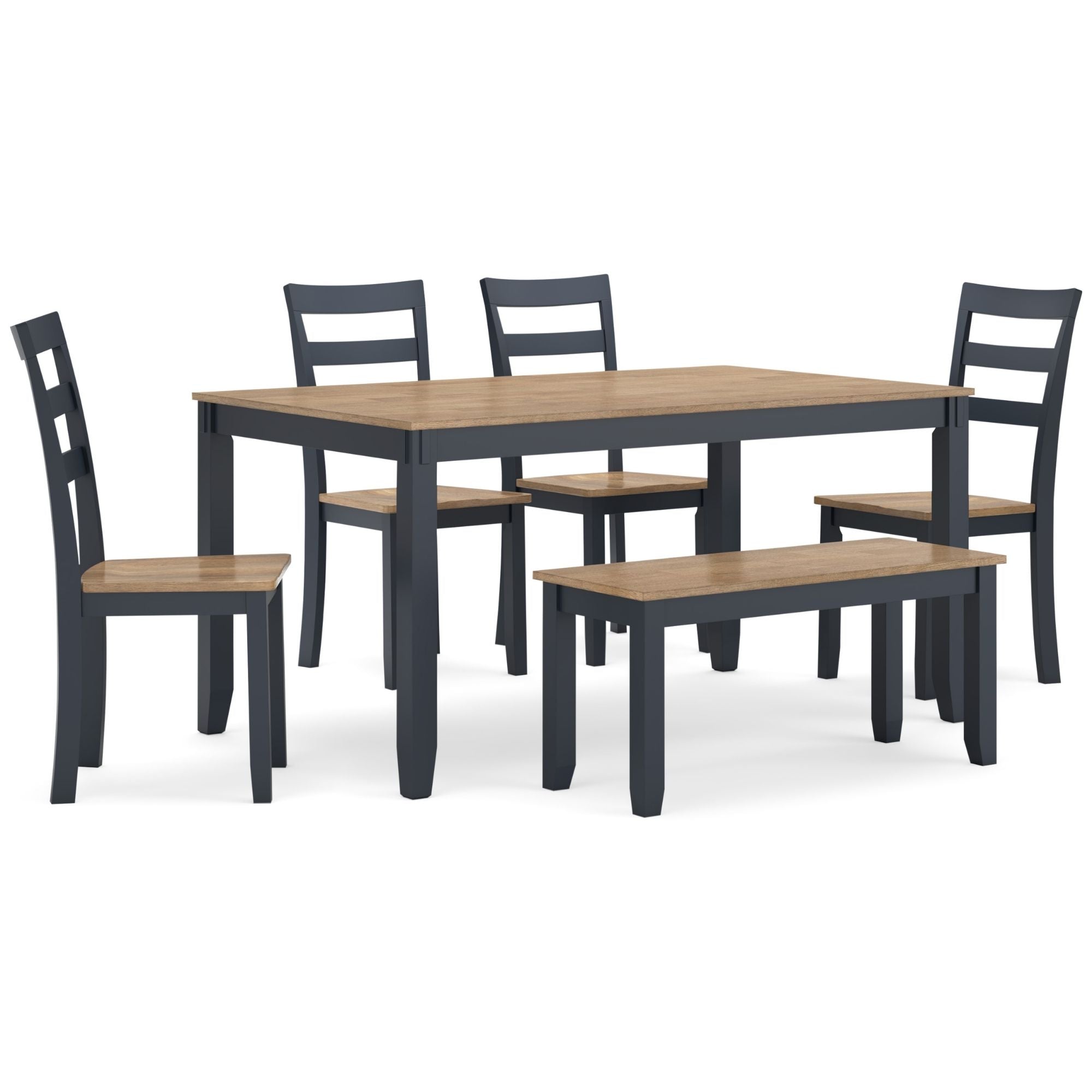 Ashley Gesthaven 6-piece dining room table set with natural wood finish and blue upholstered chairs, perfect for a stylish dining area.