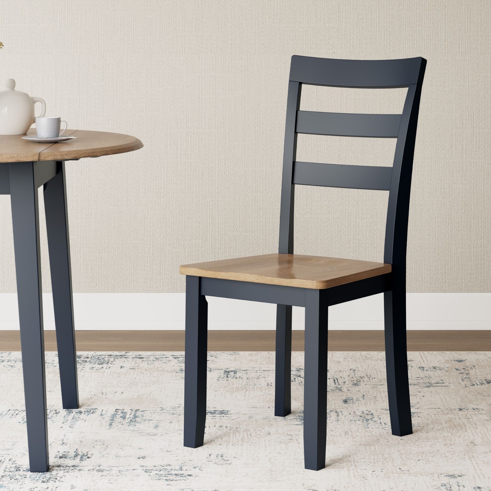Ashley Gesthaven 6-piece dining room table set with natural wood finish and blue upholstered chairs, perfect for modern dining spaces.