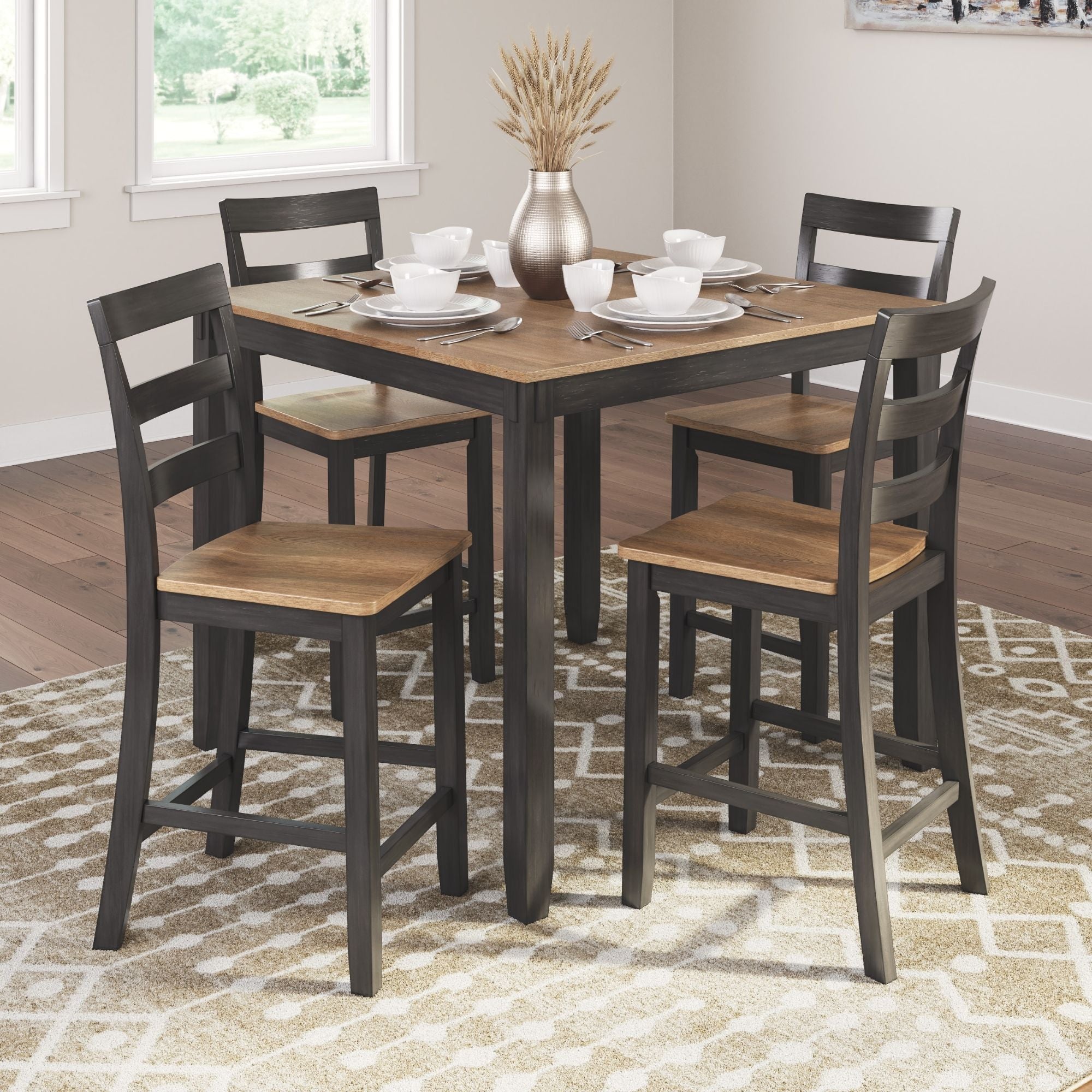 Ashley Gesthaven 5-piece counter dining room set with natural and brown finish, includes table and matching chairs.