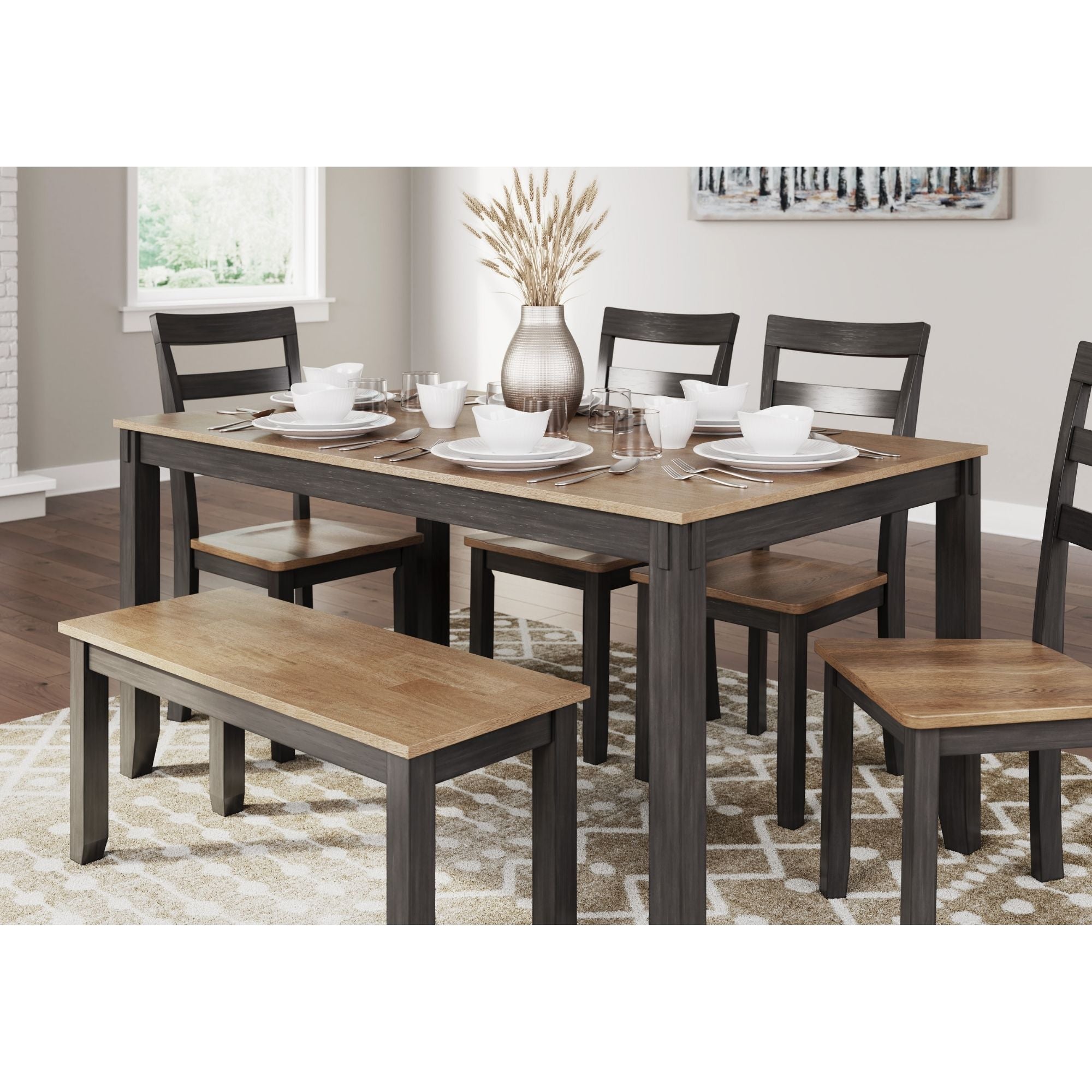 Ashley Gesthaven 6-piece dining room table set with natural and brown wood finish, includes table and matching chairs.
